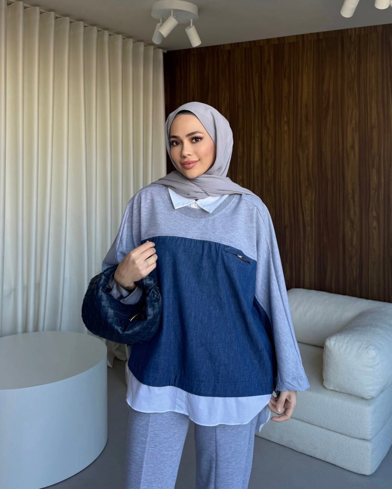 The Denim-Fusion Oversized Set - Grey