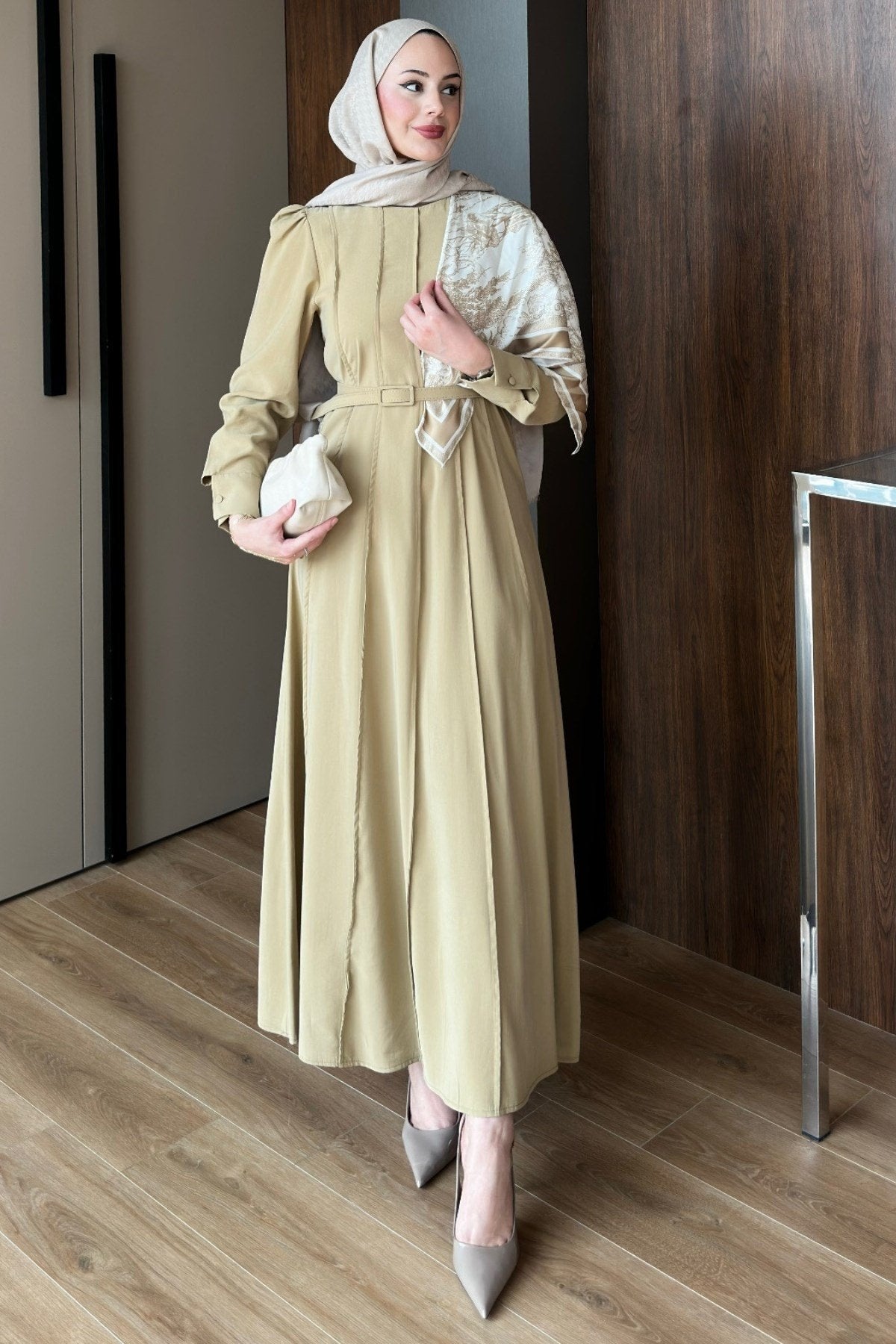 The Husna Embossed Maxi Dress with Scarf / Cumin