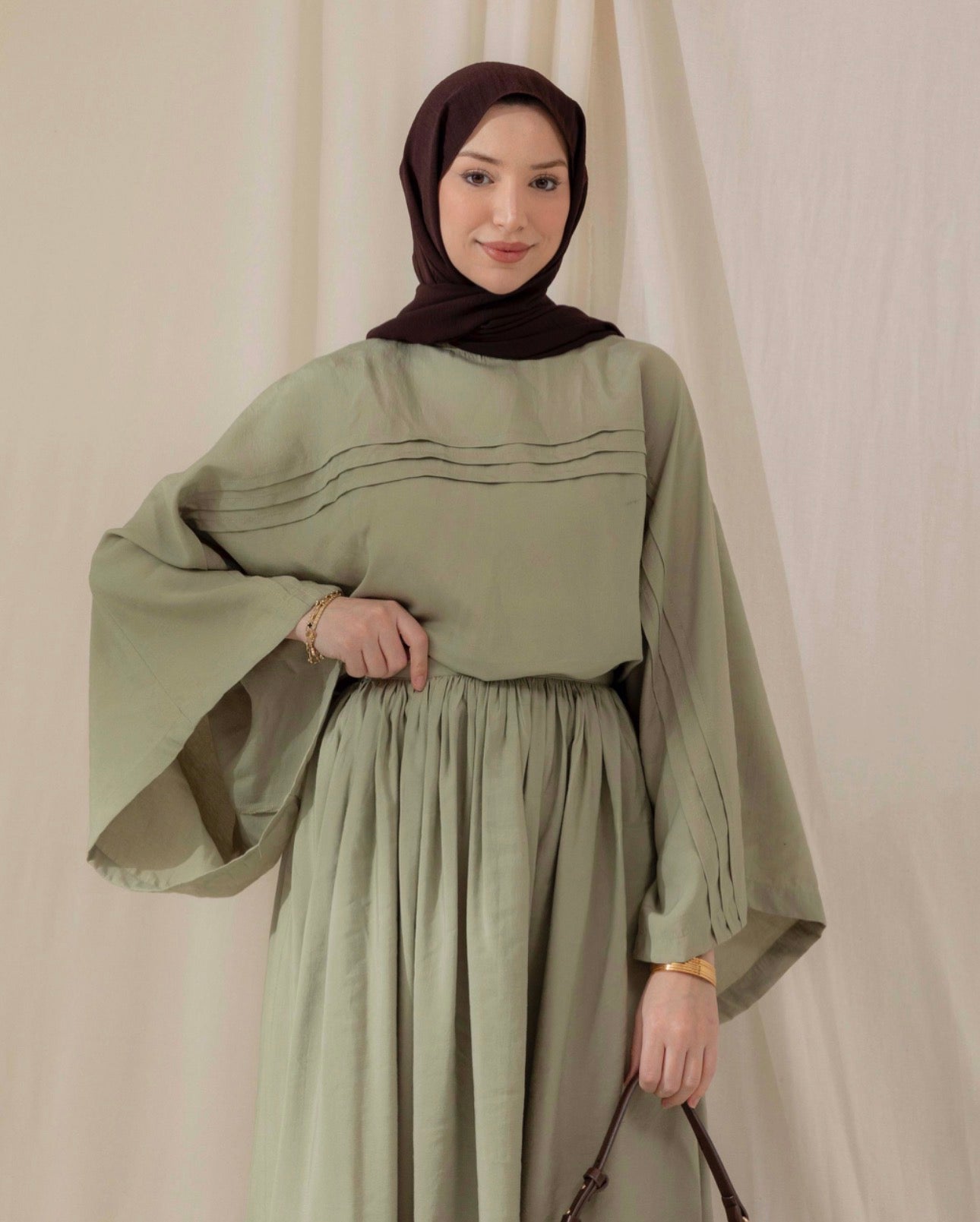 Sage Pleated Cotton Co-ord Skirt Set