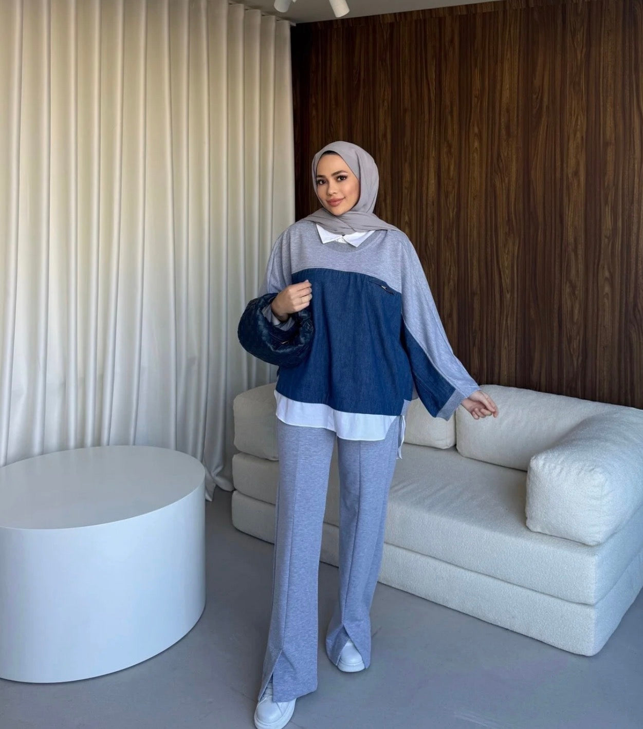 The Denim-Fusion Oversized Set - Grey