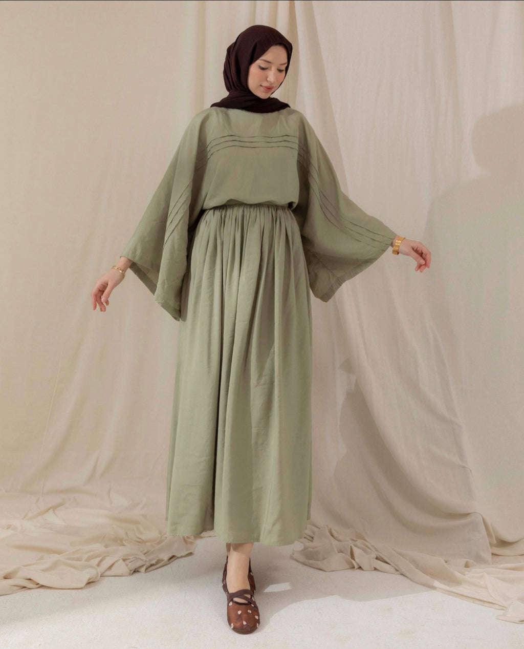 Sage Pleated Cotton Co-ord Skirt Set