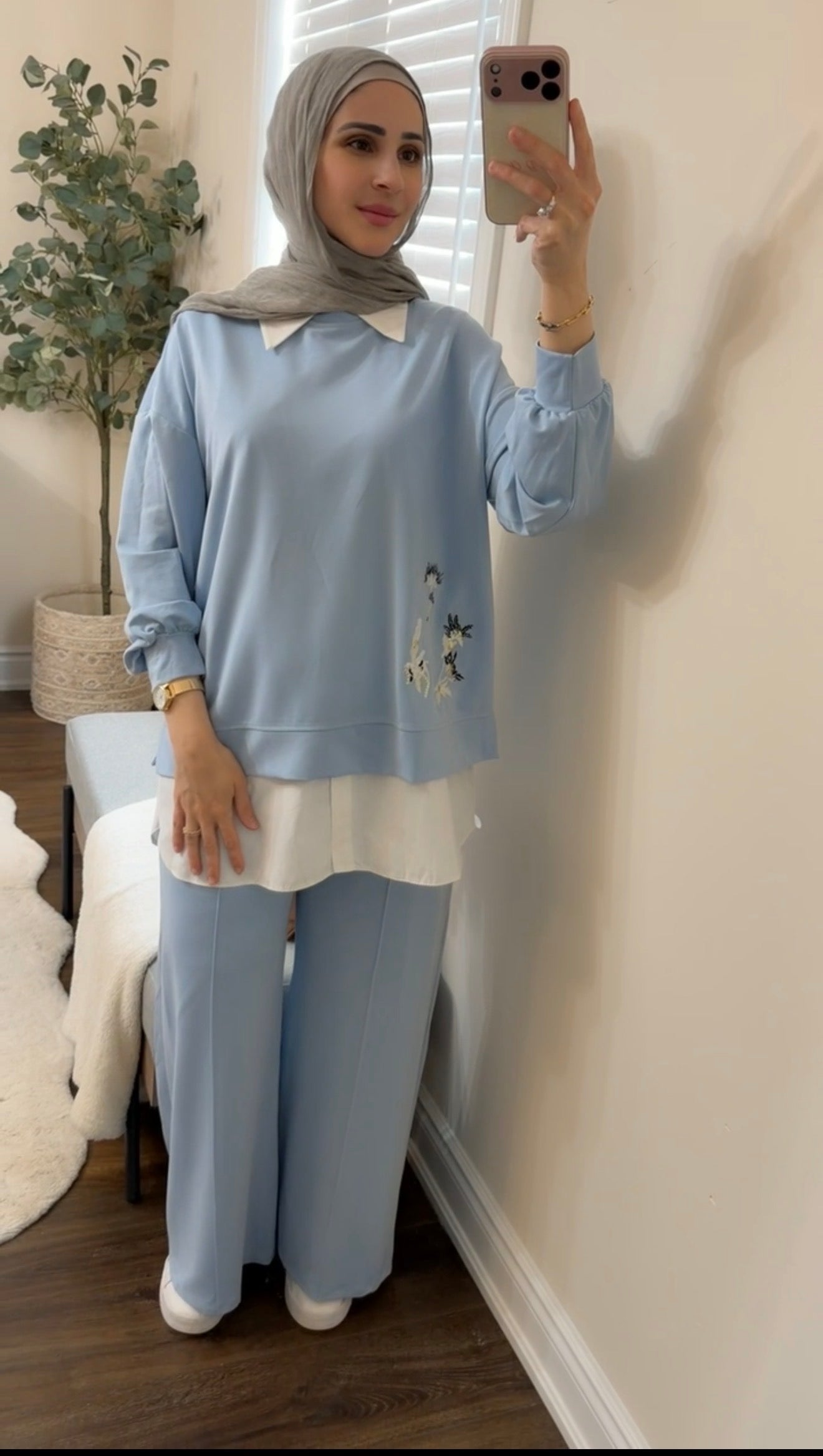 Oysho Soft 3-Piece Embroidered Modest Set - Baby Blue