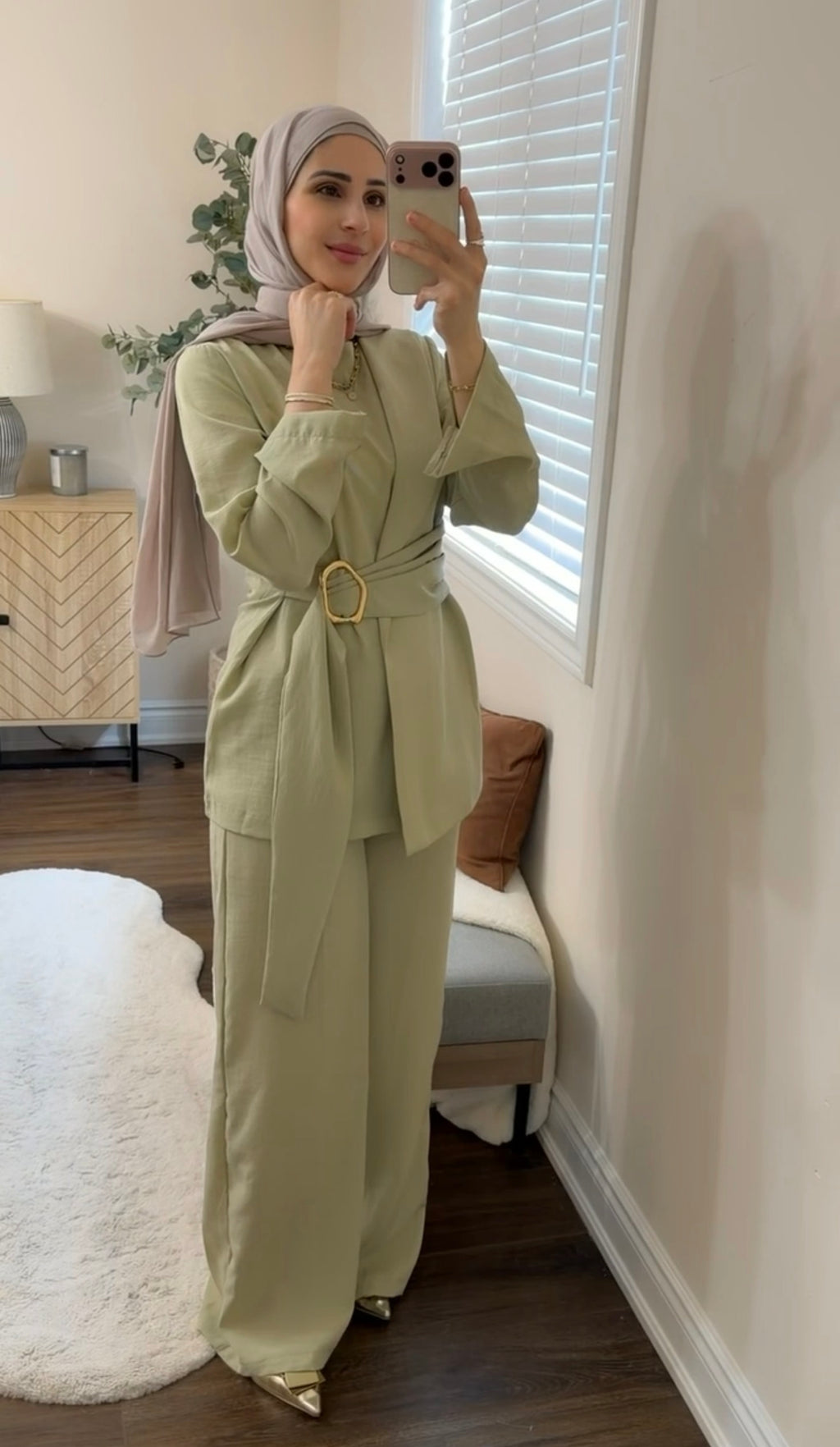 Elegant Front-Tie Aerobin Two-Piece Tunic Set – Sage Green