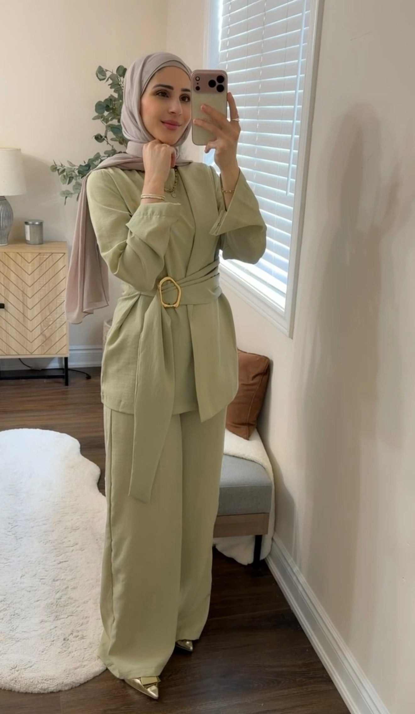 Elegant Front-Tie Aerobin Two-Piece Tunic Set – Sage Green