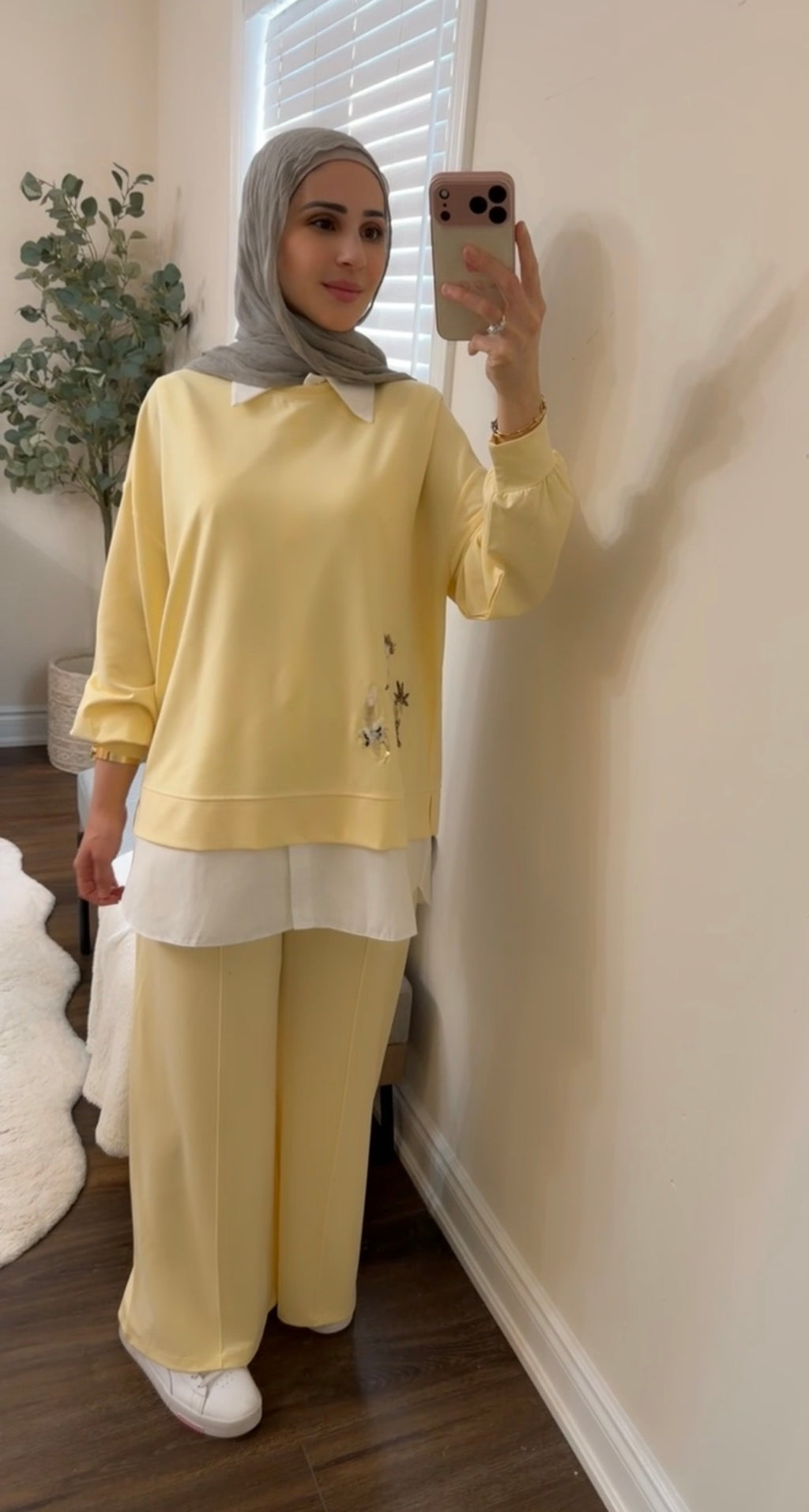 Oysho Soft 3-Piece Embroidered Modest Set - Butter Yellow