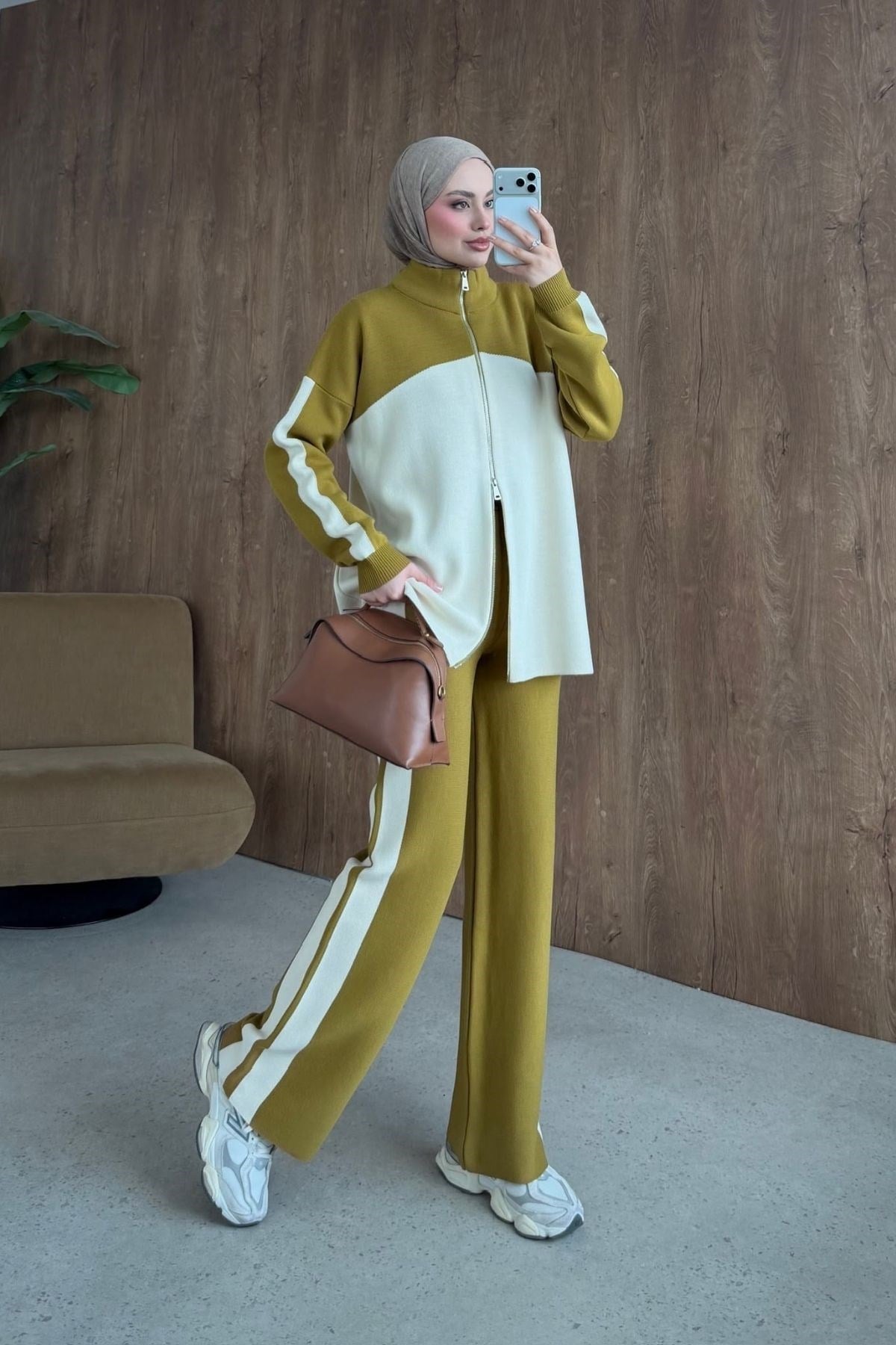 Olive & Cream Two-Tone Knit Set