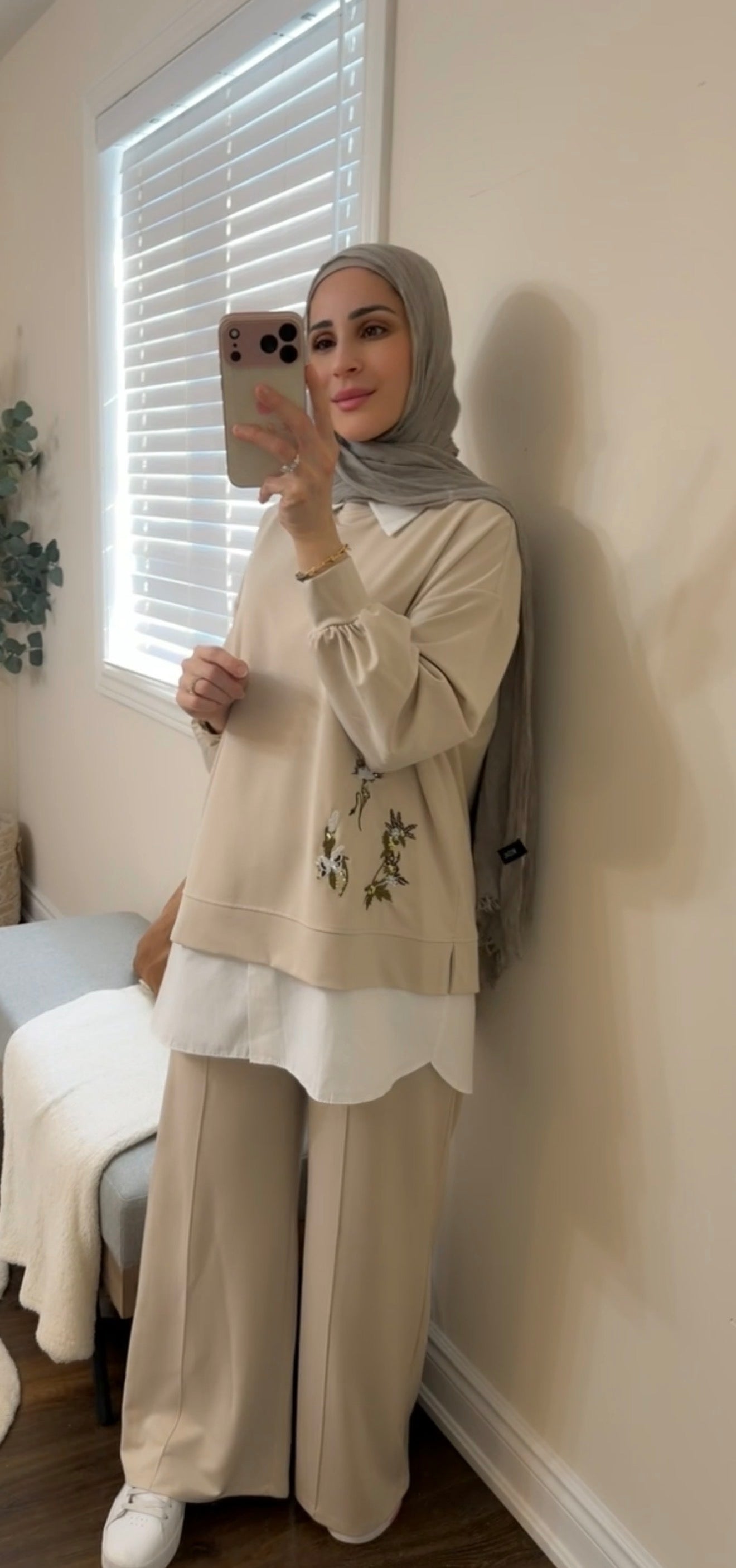 Oysho Soft 3-Piece Embroidered Modest Set - Beige