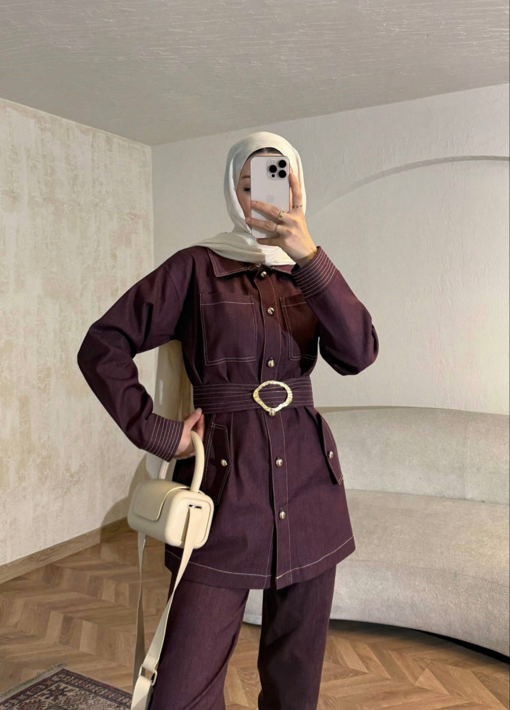 Classic Belted Denim Set – Burgundy