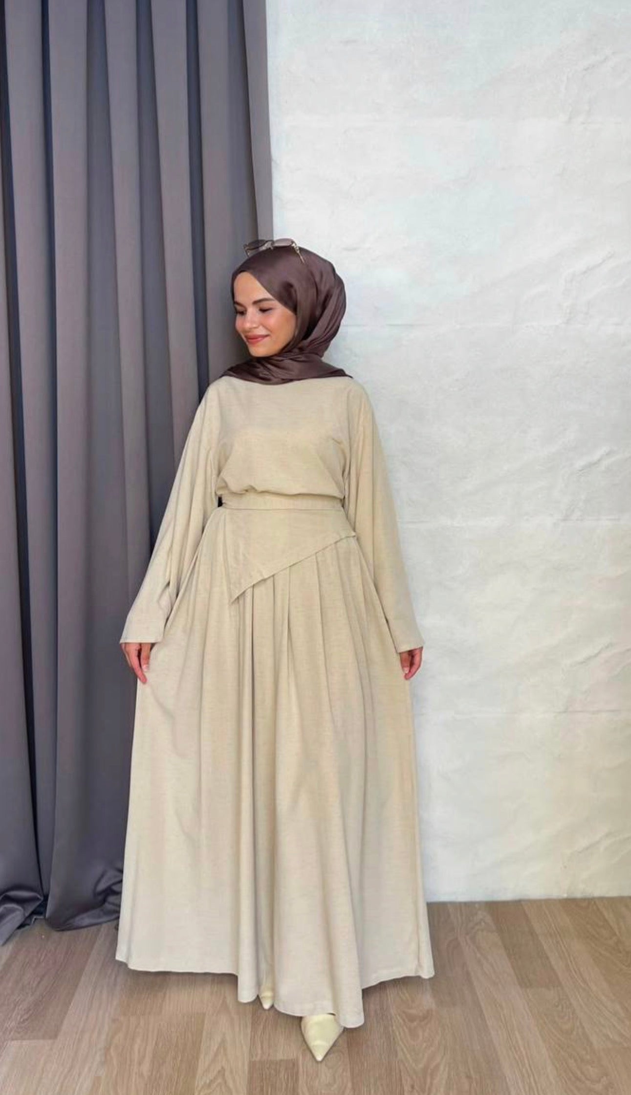 Linen Asymmetric Attached Belt Wide-Leg Pant Set