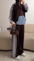 Retro Sporty Denim-Paneled Co-ord Set - Brown & Pink