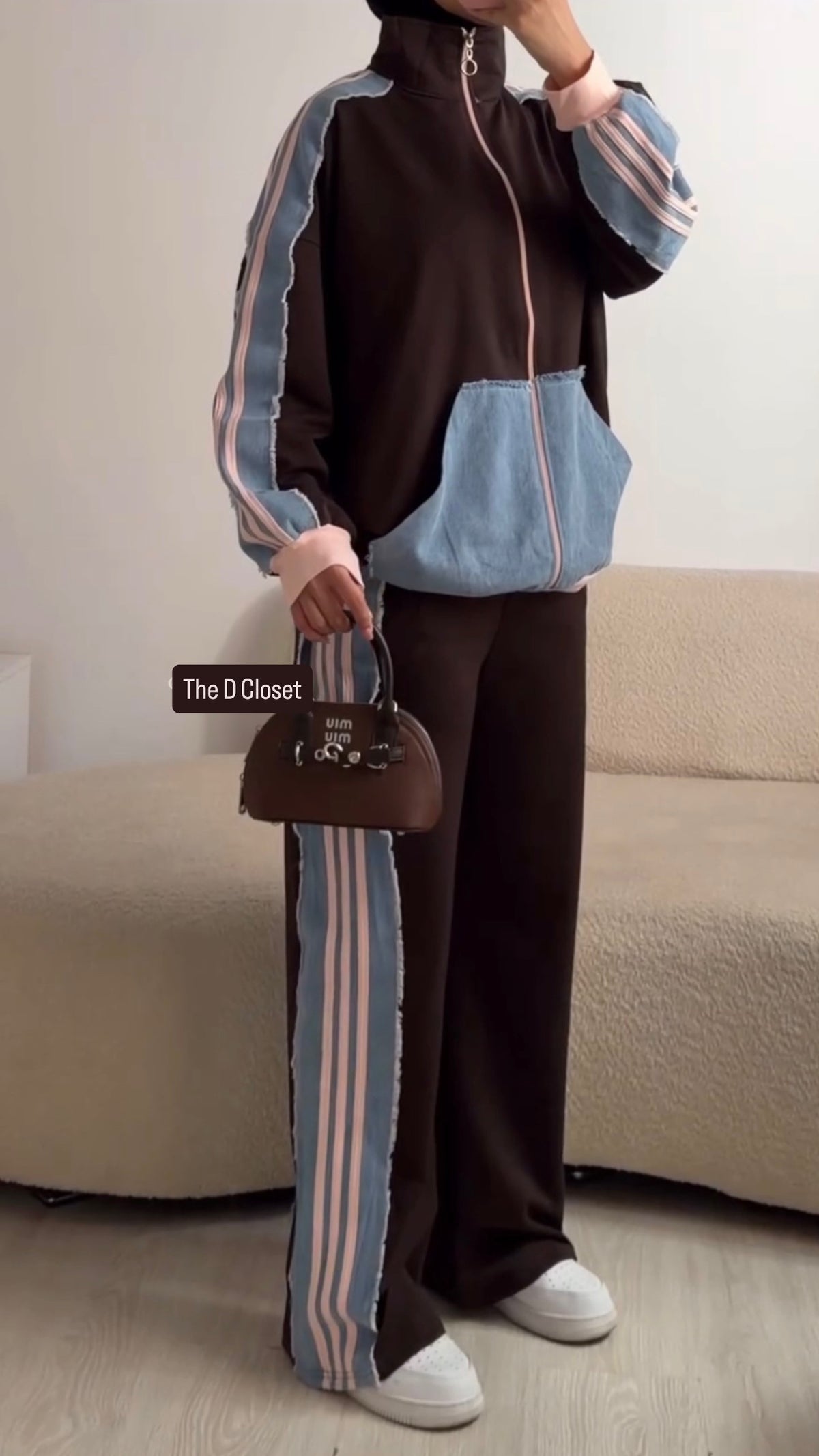 Retro Sporty Denim-Paneled Co-ord Set - Brown & Pink
