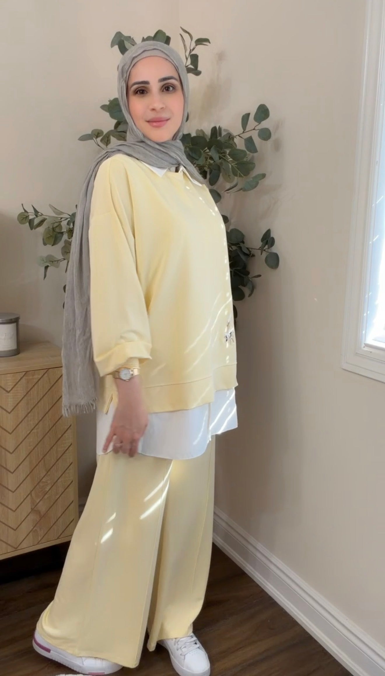 Oysho Soft 3-Piece Embroidered Modest Set - Butter Yellow