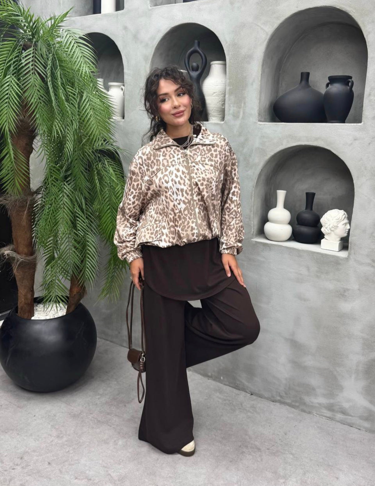 Leopard Accent 3-Piece Modest Lounge Set - Brown