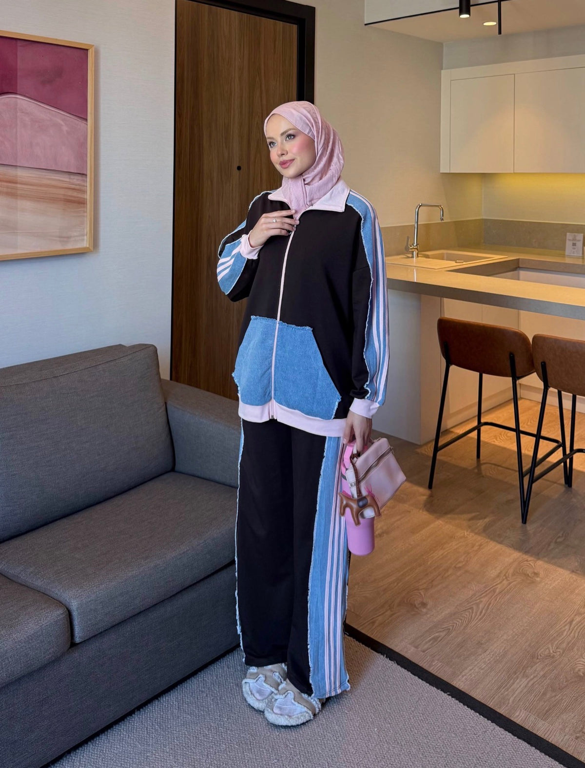 Retro Sporty Denim-Paneled Co-ord Set - Brown & Pink