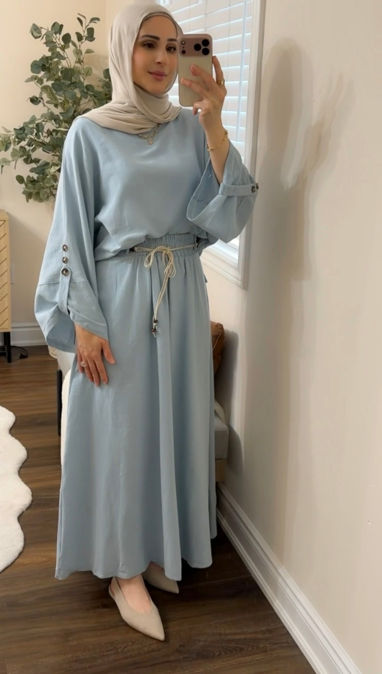 Sky Blue Linen Skirt Set with Braided Rope Belt