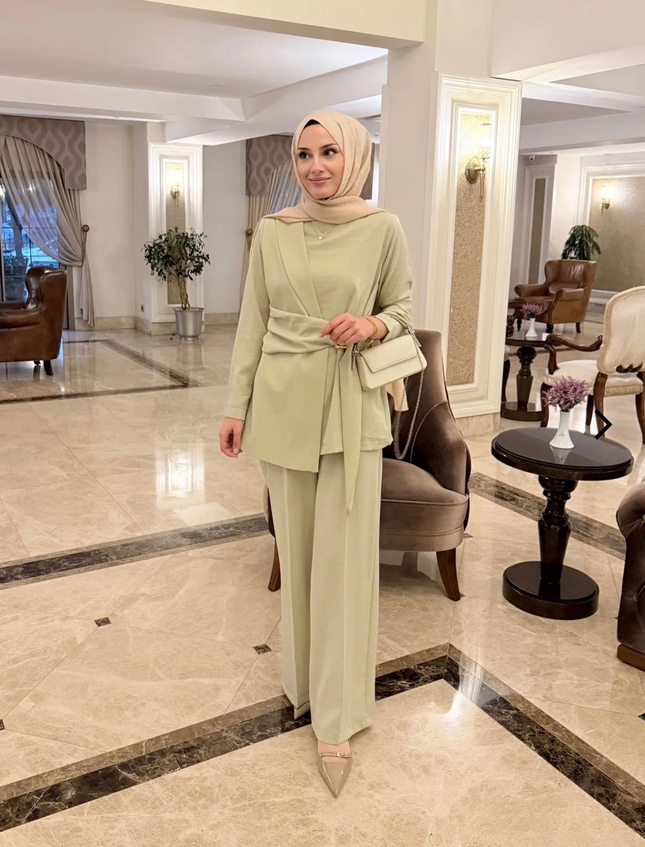Elegant Front-Tie Aerobin Two-Piece Tunic Set – Sage Green
