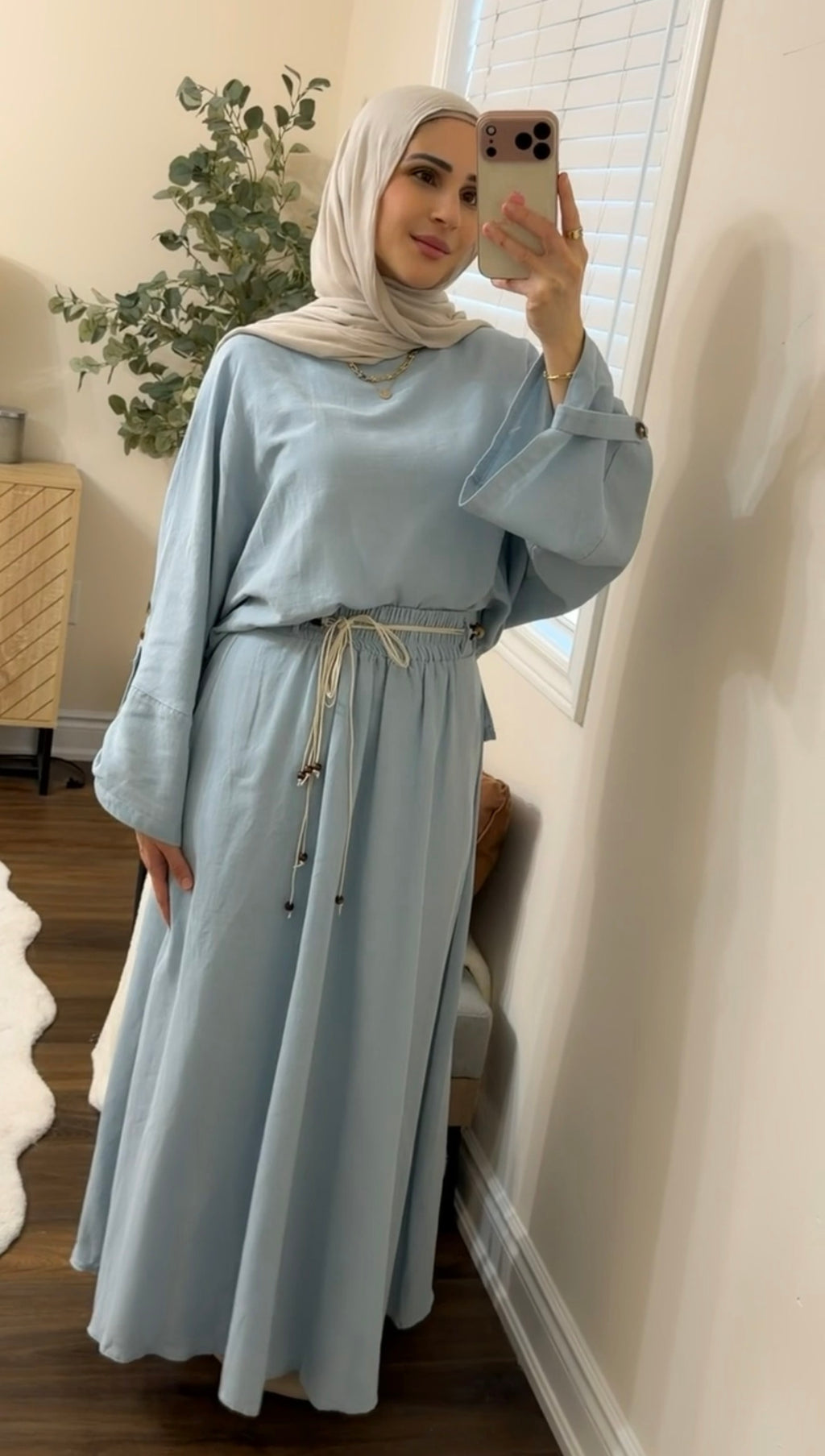 Sky Blue Linen Skirt Set with Braided Rope Belt