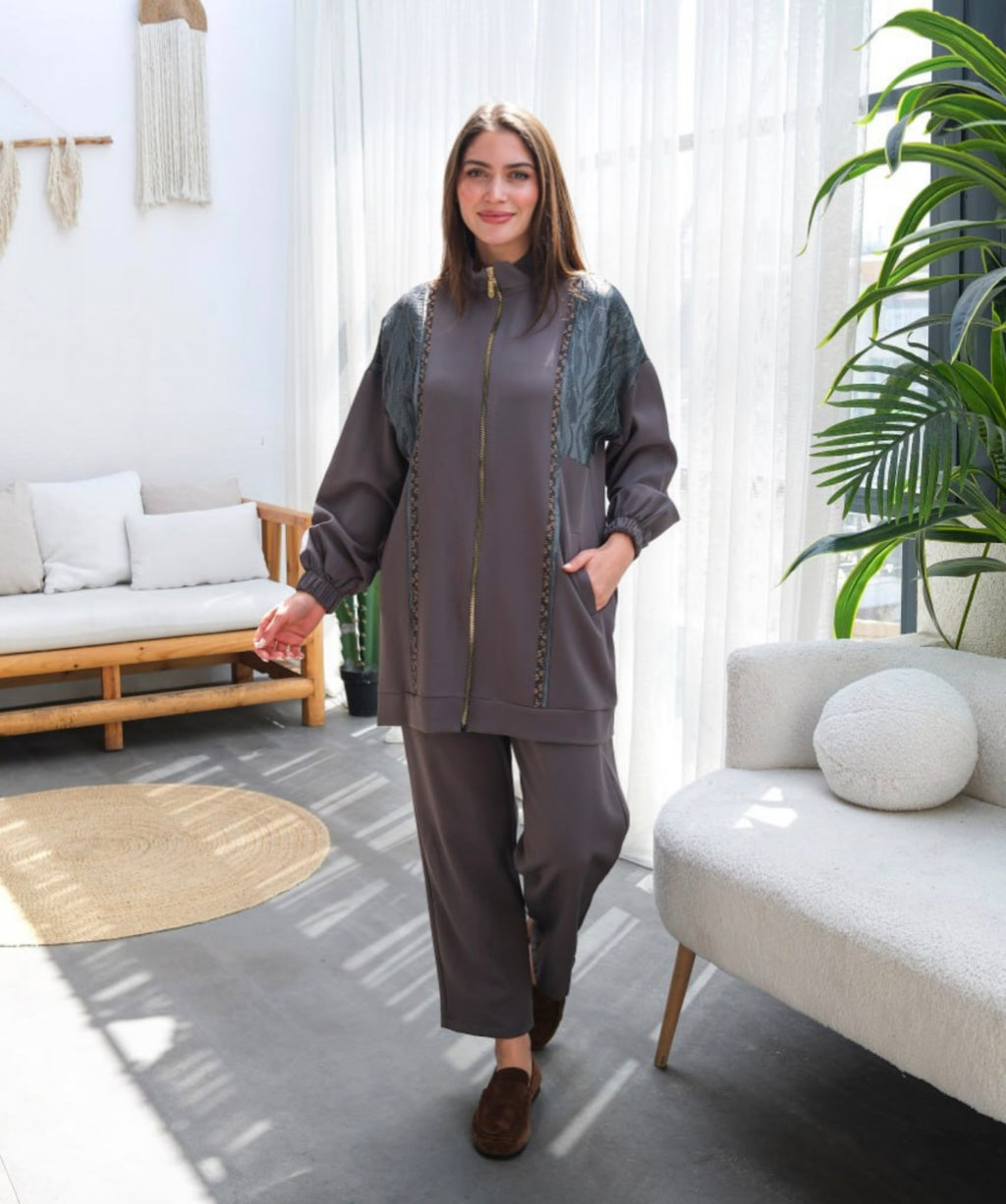 Elegant Fringe Detailed Modest Set - Grey image 2