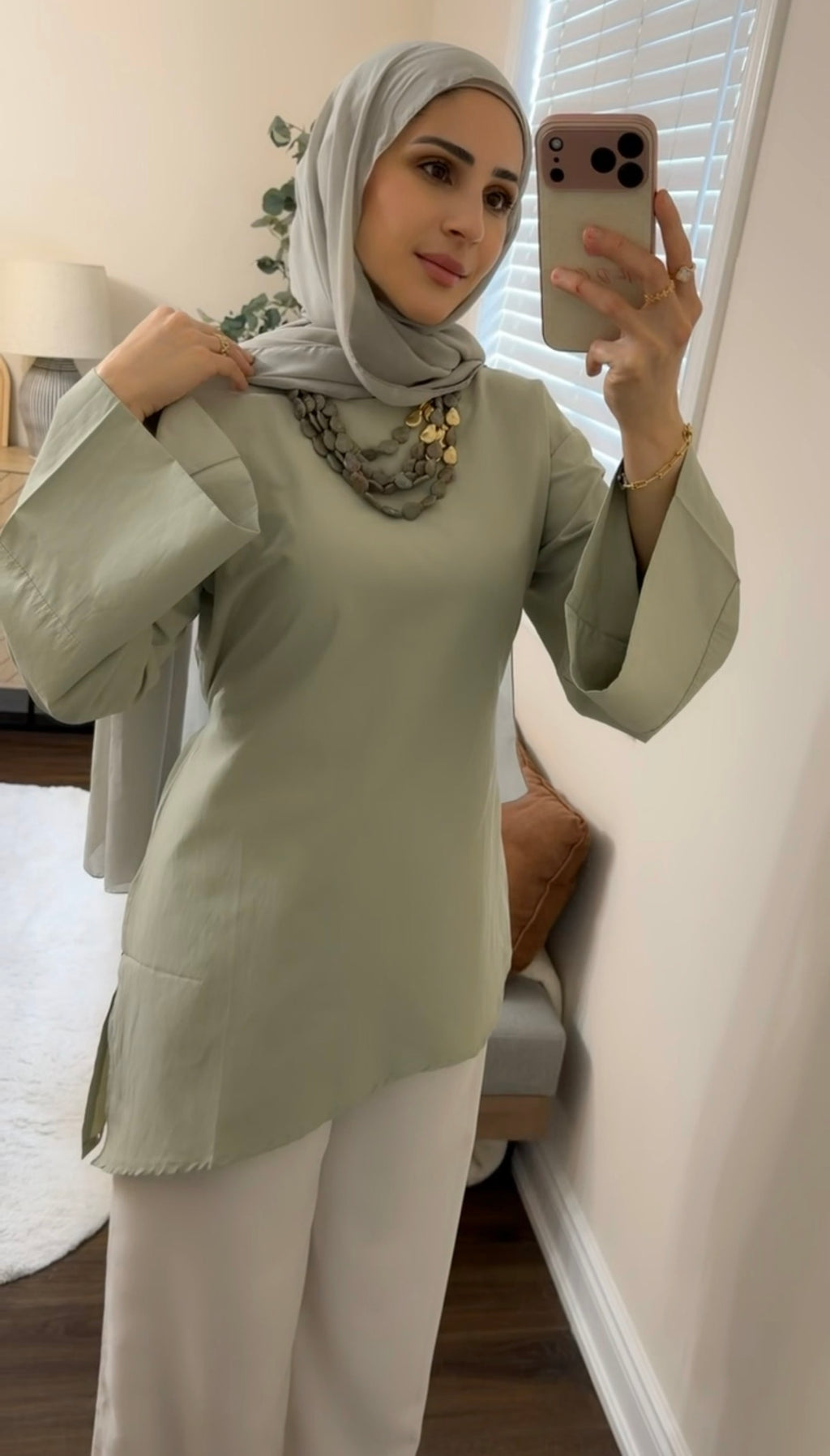 Dusty Green Asymmetric Flare-Sleeve Tunic