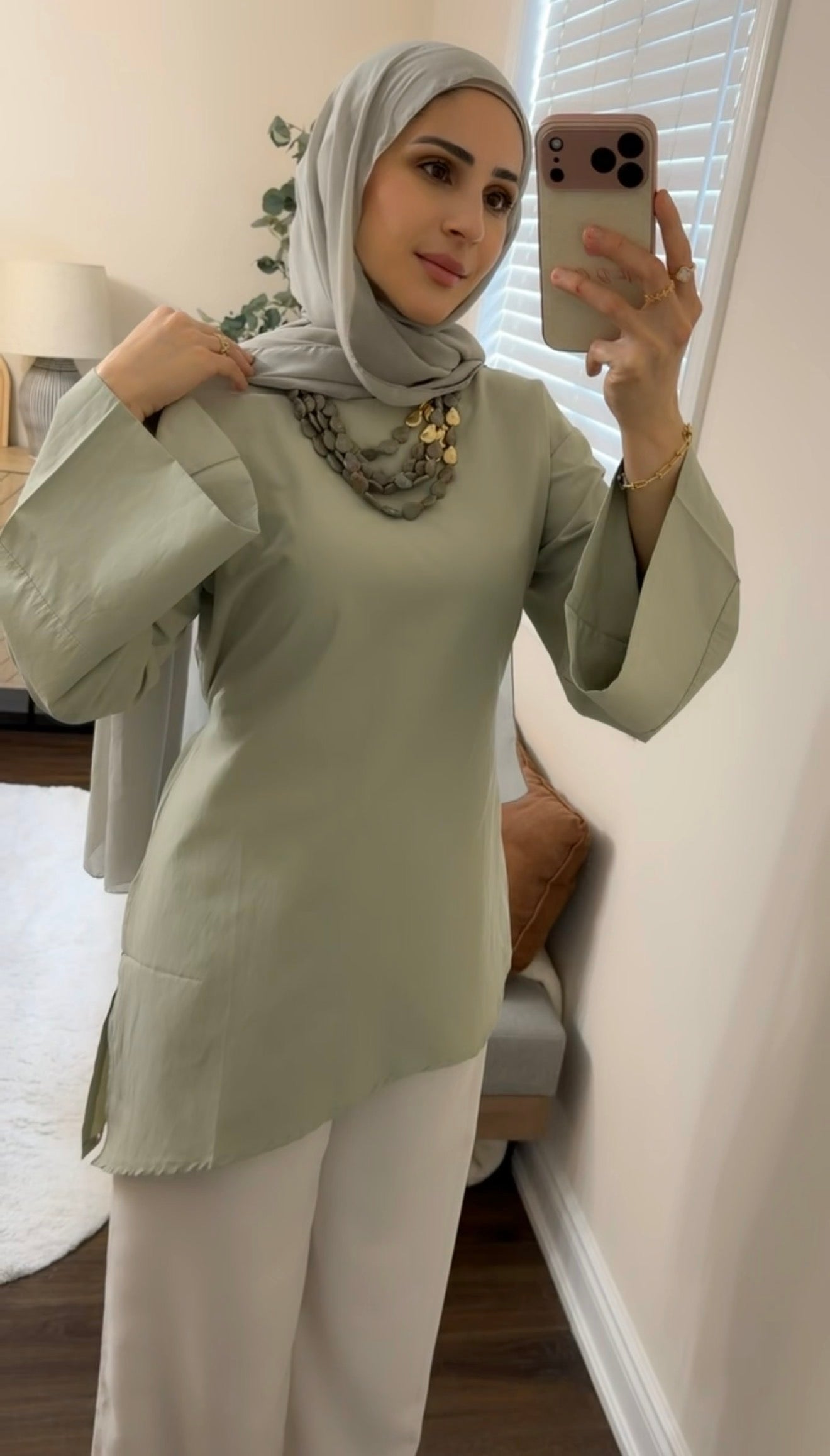 Dusty Green Asymmetric Flare-Sleeve Tunic