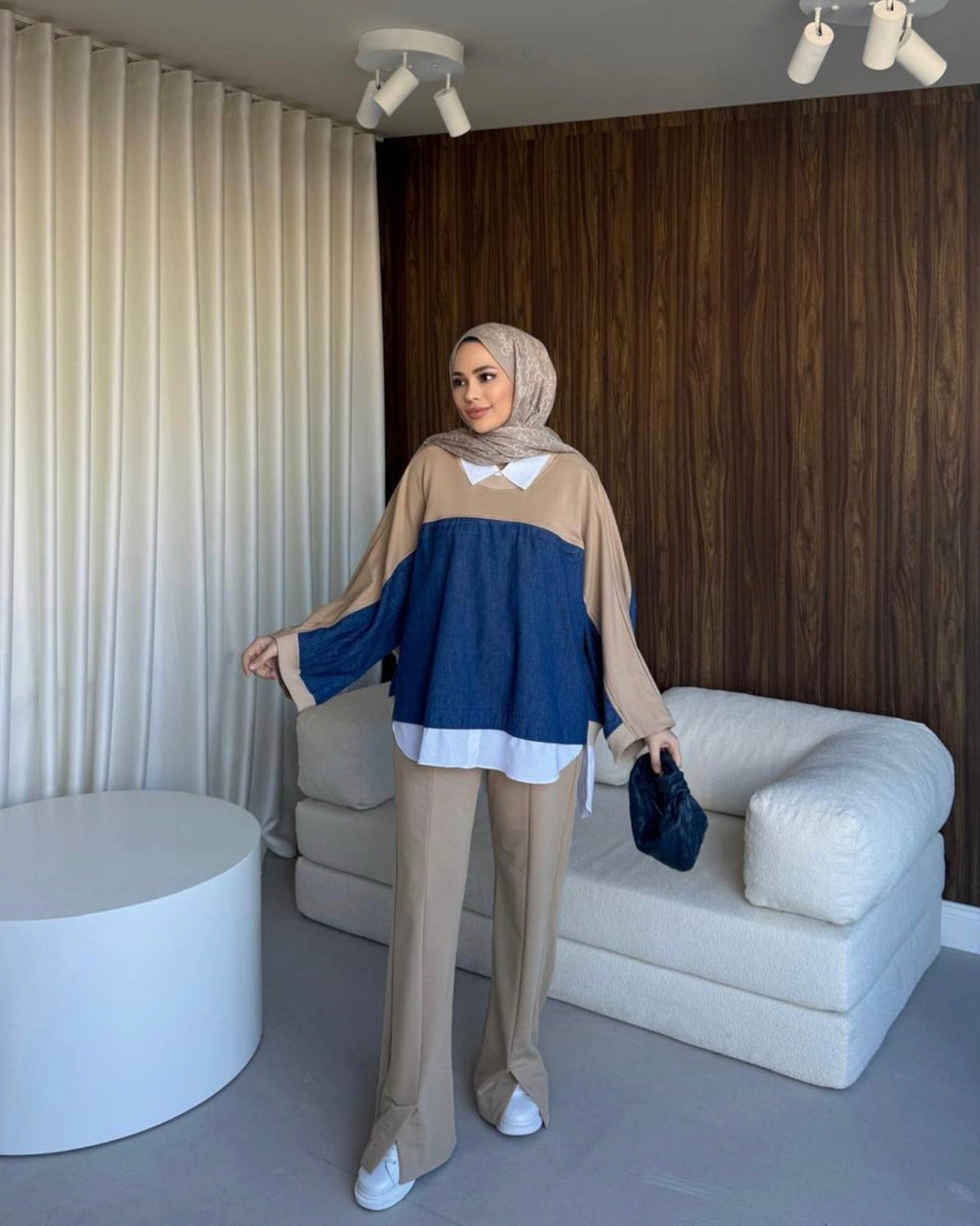 The Denim-Fusion Oversized Set - Camel