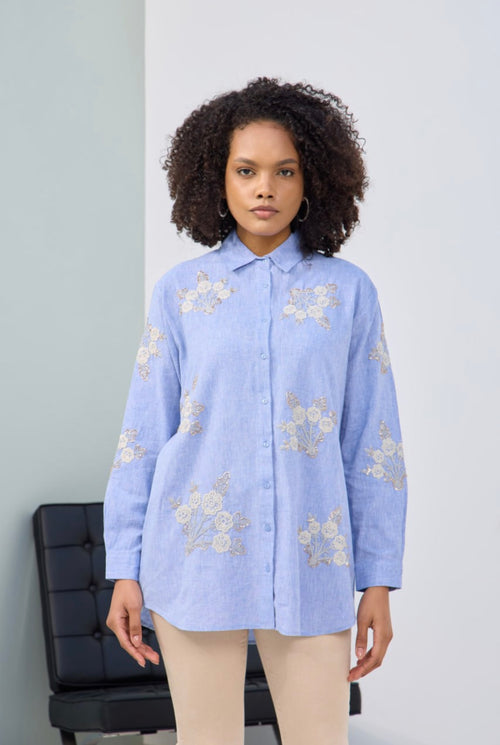 Blue Buttoned Shirt with Embroidry front & Back image 0