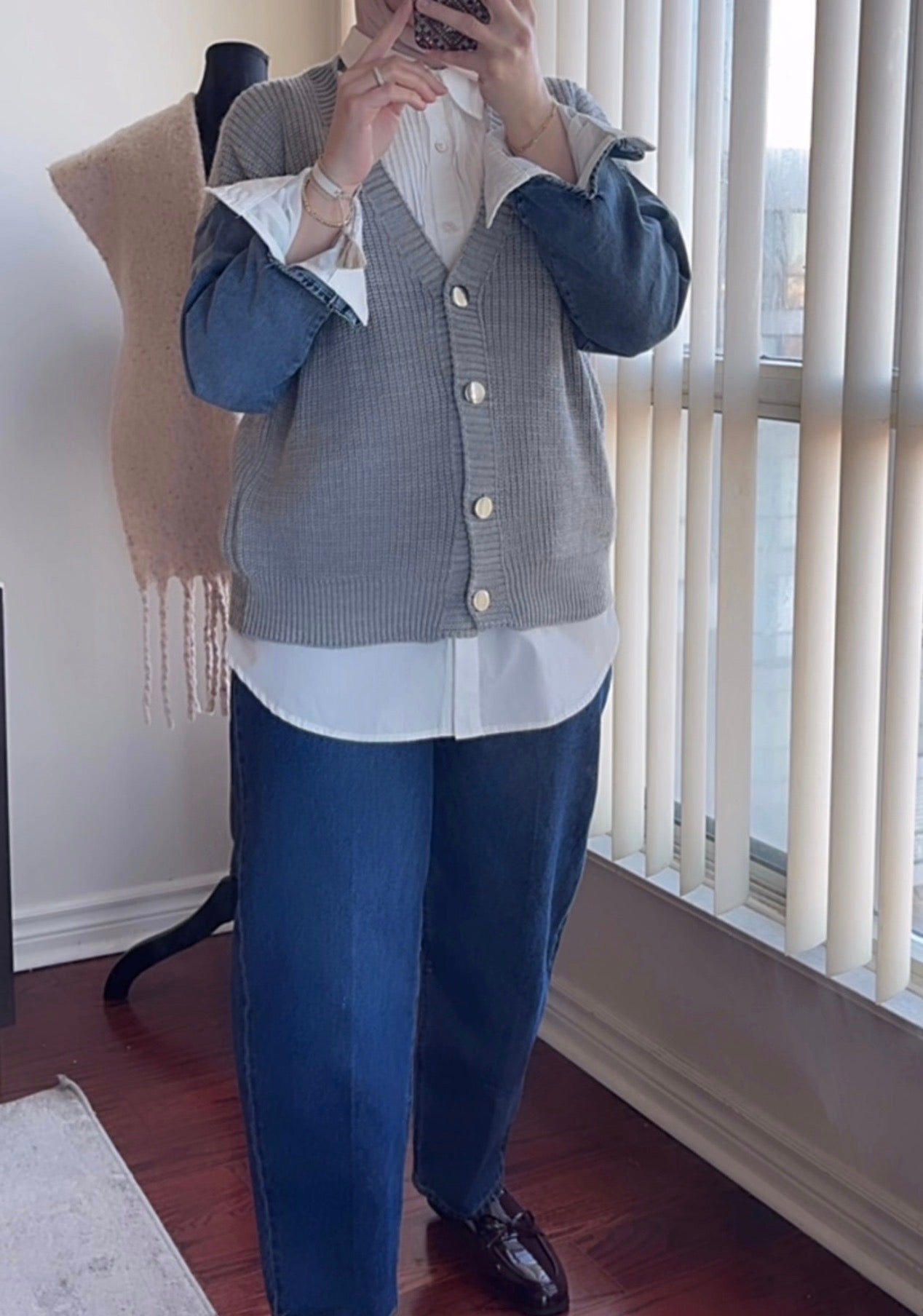 Knitted Cardigan with Denim Sleeve - Grey