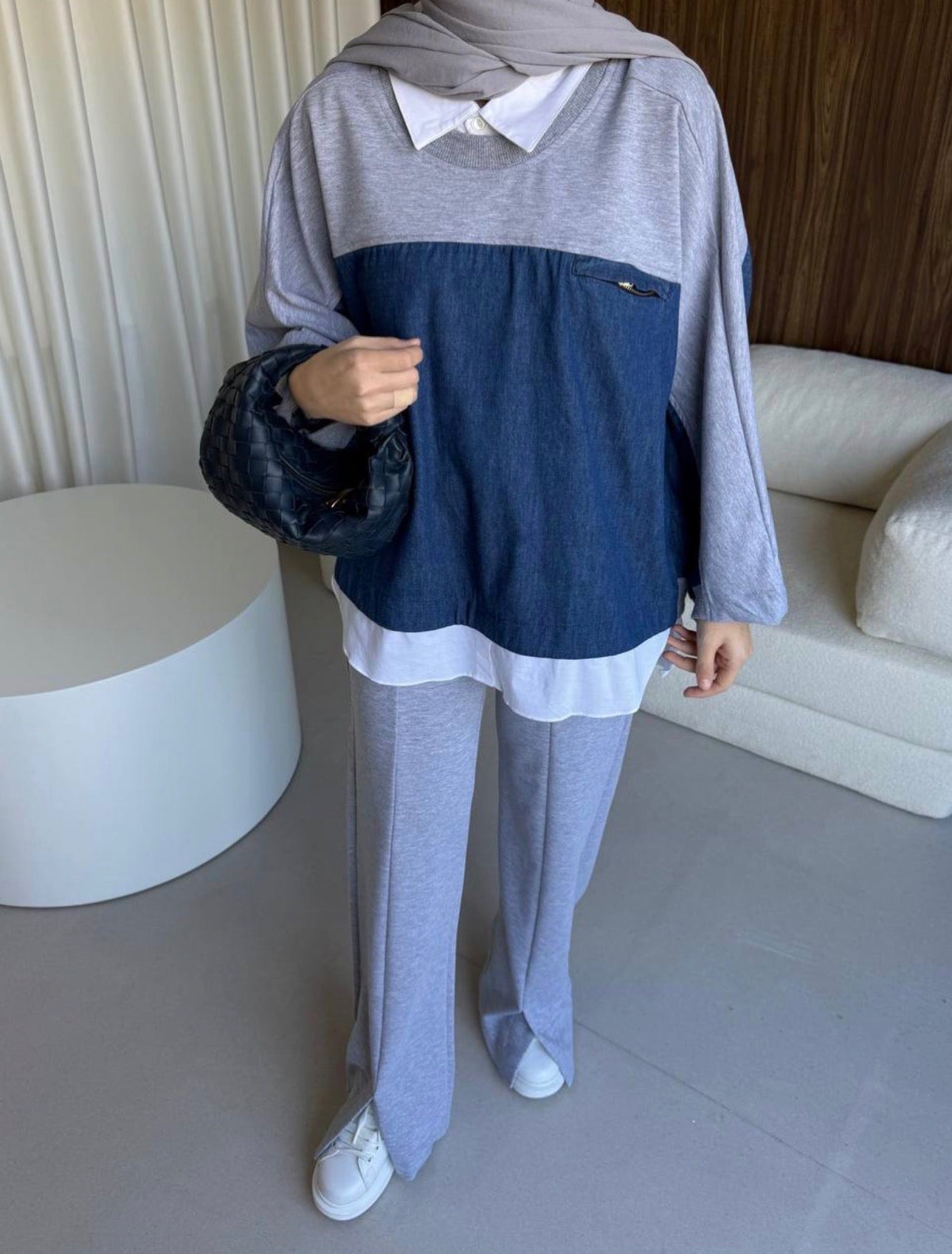 The Denim-Fusion Oversized Set - Grey
