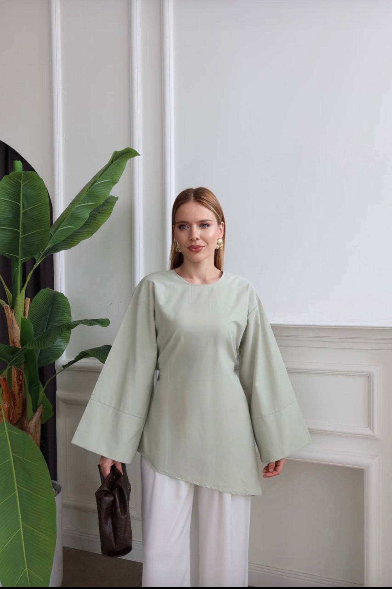 Dusty Green Asymmetric Flare-Sleeve Tunic