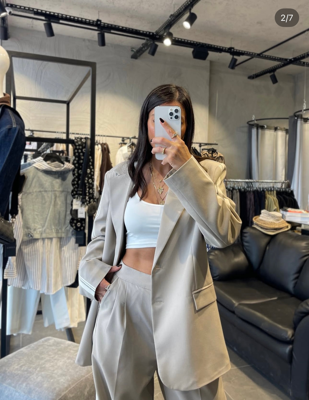 2 -PIECE BEIGE STRIP DETAILED JACKET SET image 4