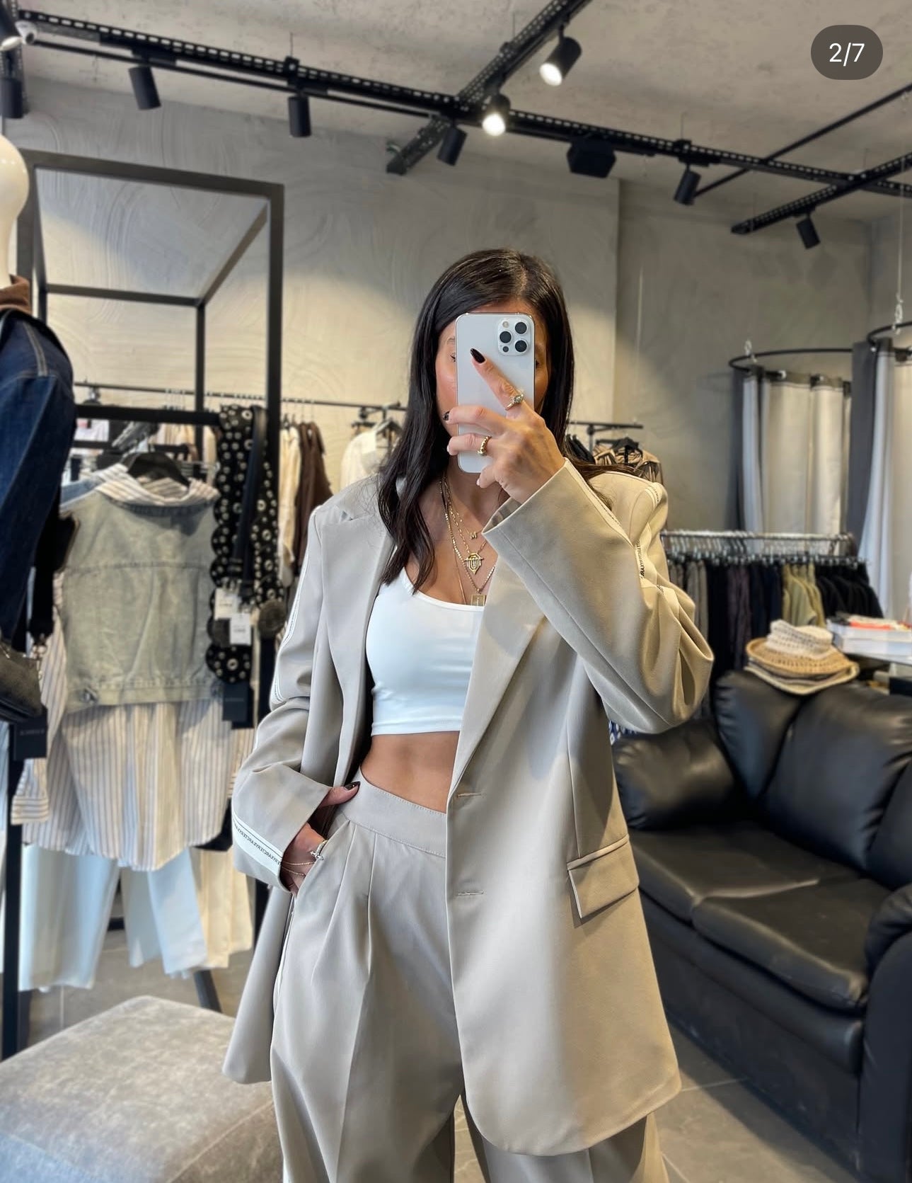 2 -PIECE BEIGE STRIP DETAILED JACKET SET image 4