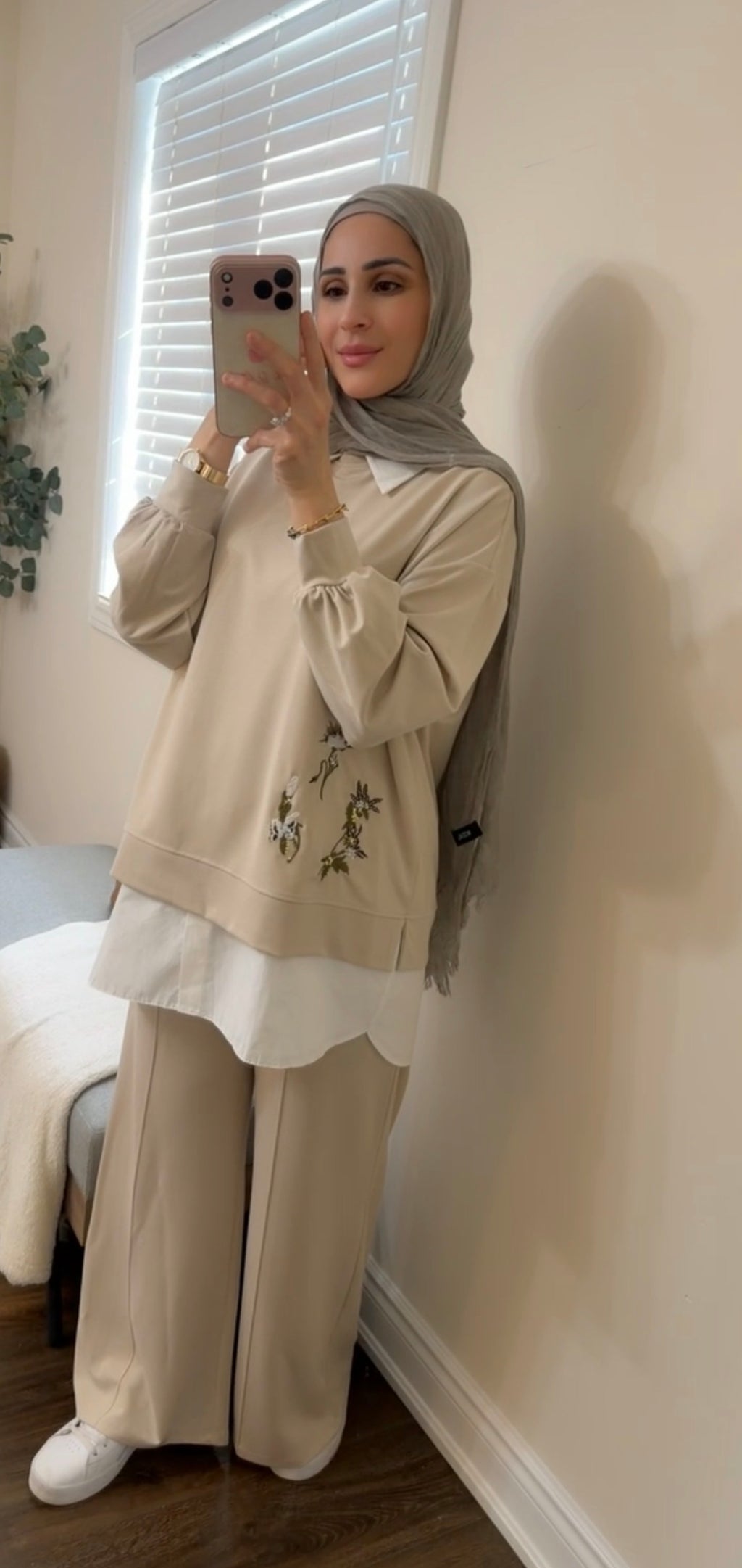 Oysho Soft 3-Piece Embroidered Modest Set - Beige