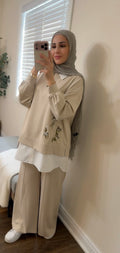 Oysho Soft 3-Piece Embroidered Modest Set - Beige