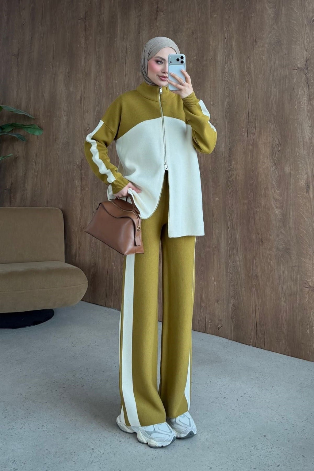 Olive & Cream Two-Tone Knit Set