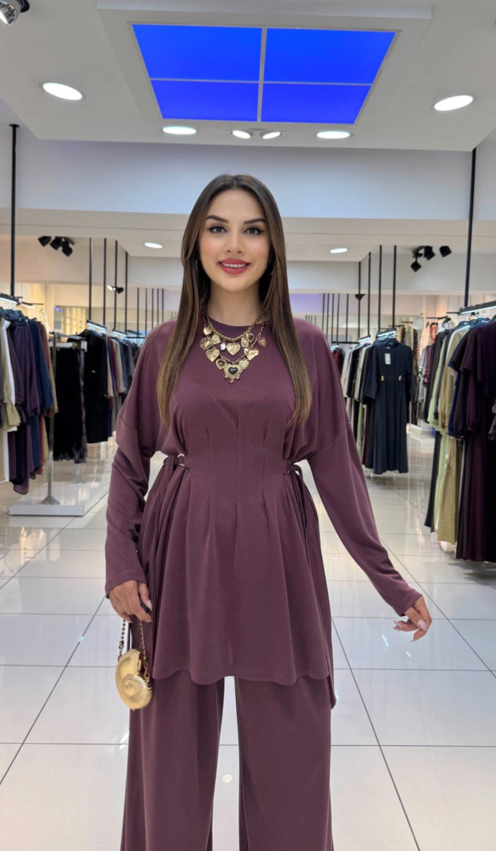 Soft Oysho Gathered Tunic & Pant Set - Plum