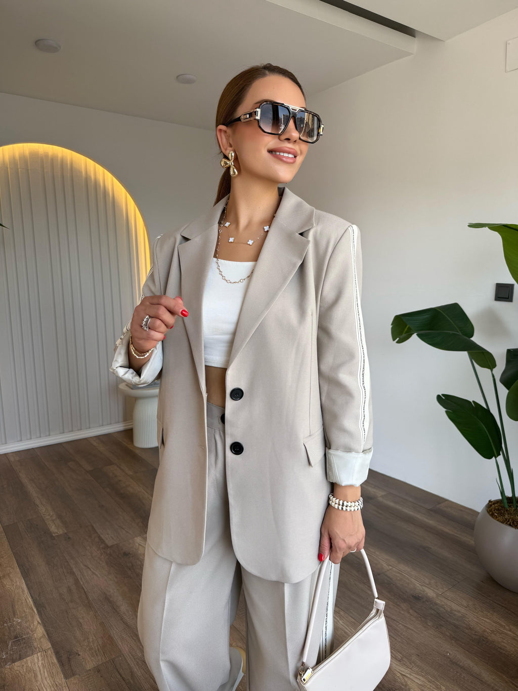 2 -PIECE BEIGE STRIP DETAILED JACKET SET