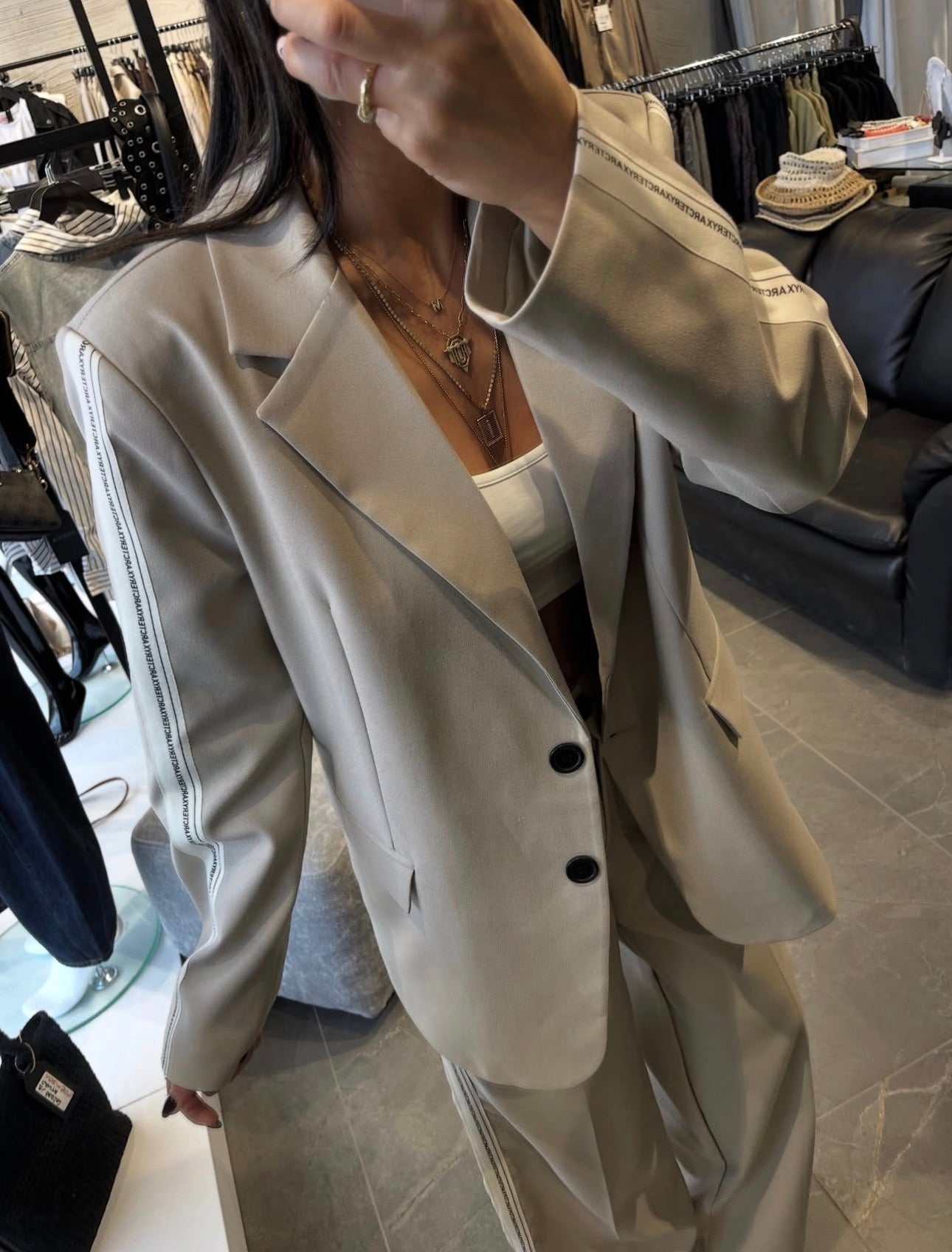 2 -PIECE BEIGE STRIP DETAILED JACKET SET