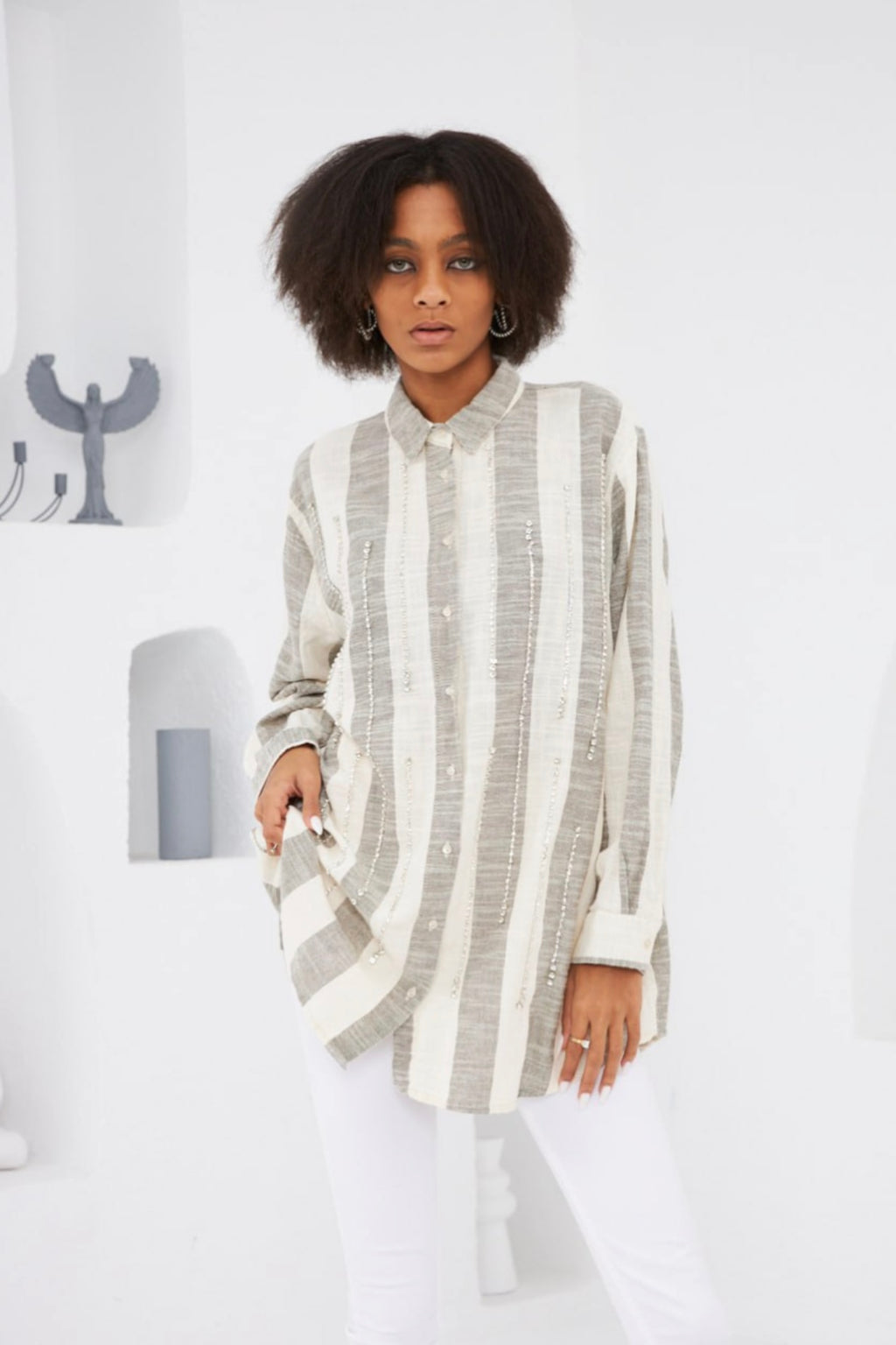 Oversized Stripe Linen Detailed Shirt image 1
