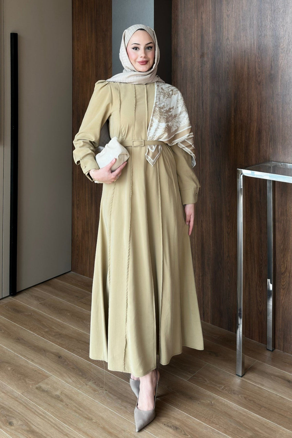 The Husna Embossed Maxi Dress with Scarf / Cumin