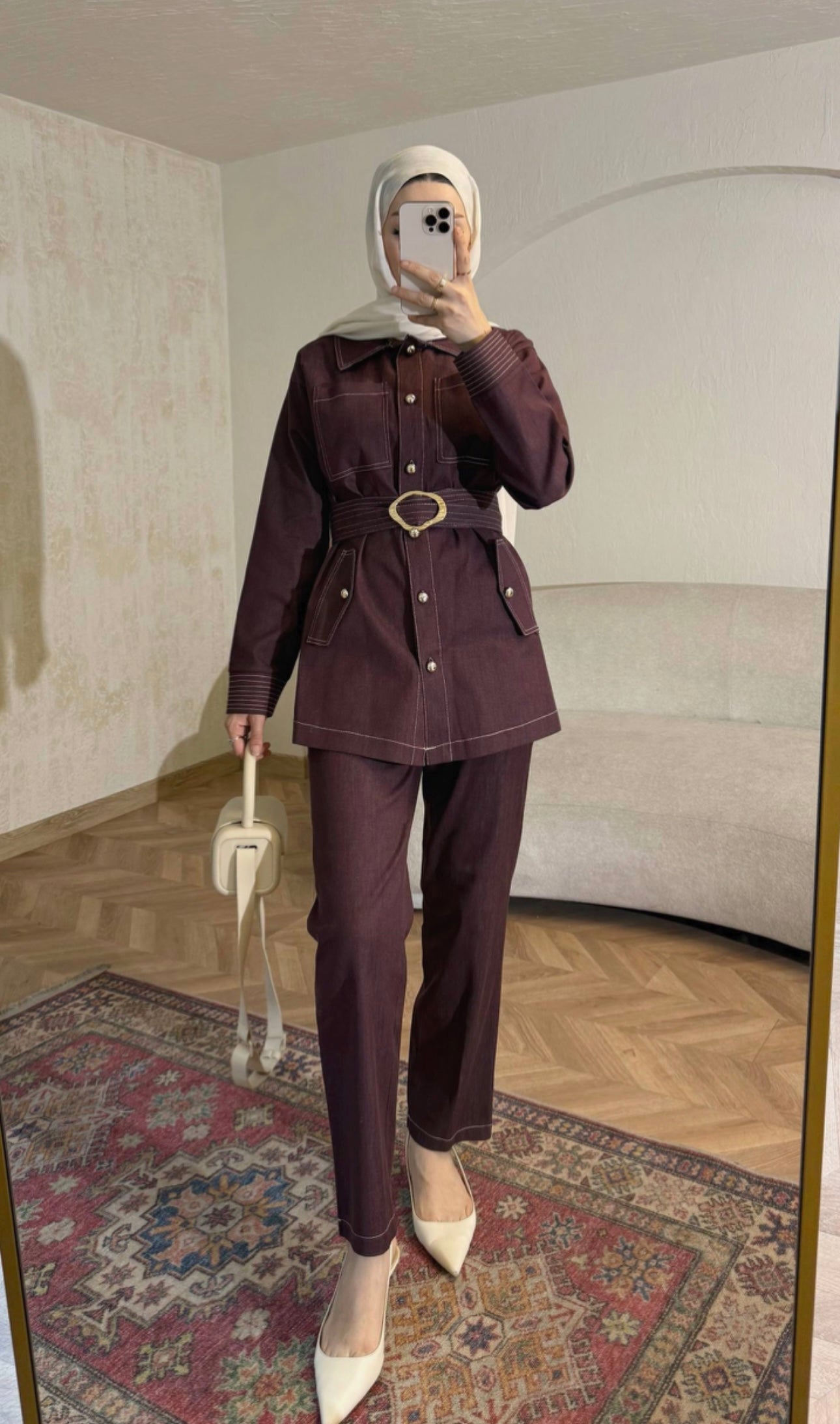 Classic Belted Denim Set – Burgundy