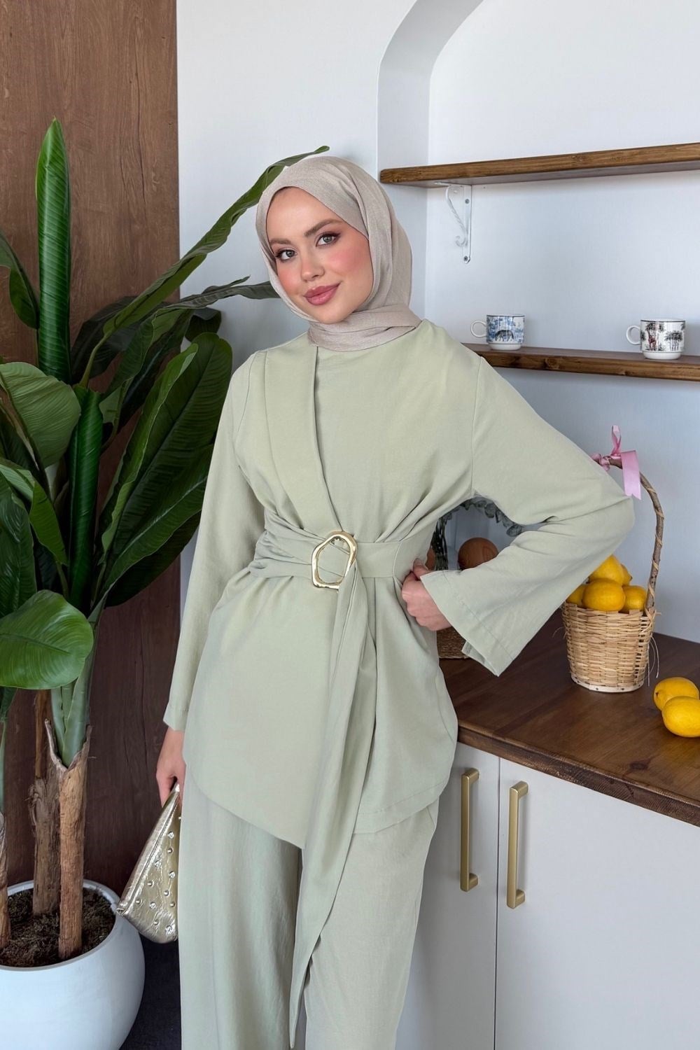 Elegant Front-Tie Aerobin Two-Piece Tunic Set – Sage Green