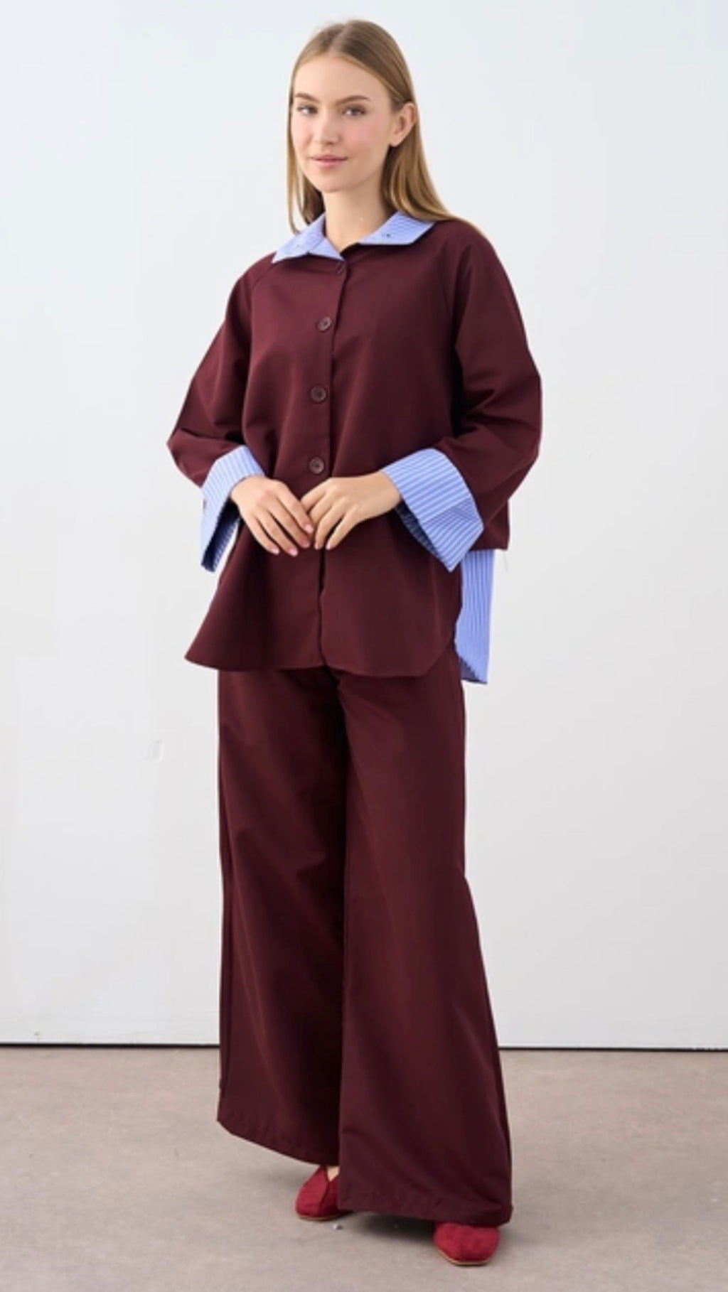Layered Zip-Back Shirt & Wide-Leg Trousers Set | Plum