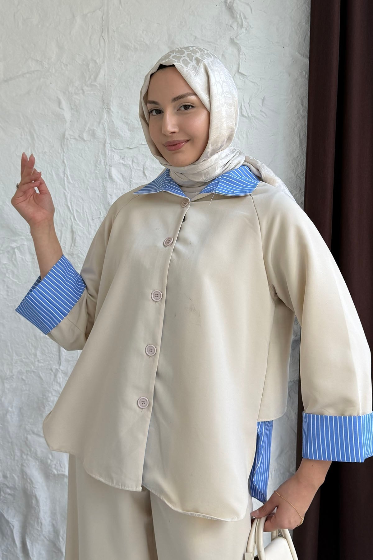 Layered Zip-Back Shirt & Wide-Leg Trousers Set | Beige