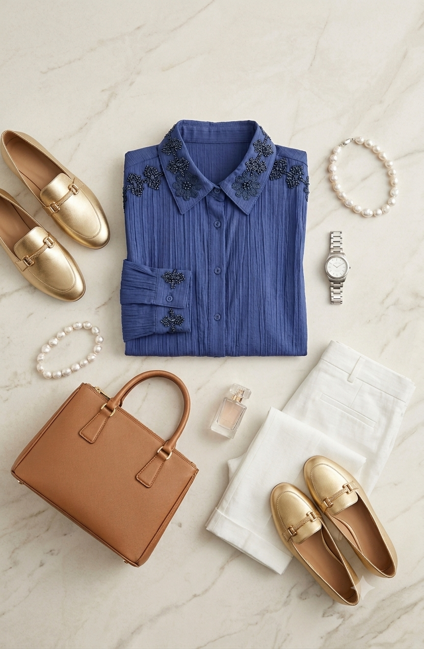 Embroidered Textured Oversized Shirt – Indigo Blue