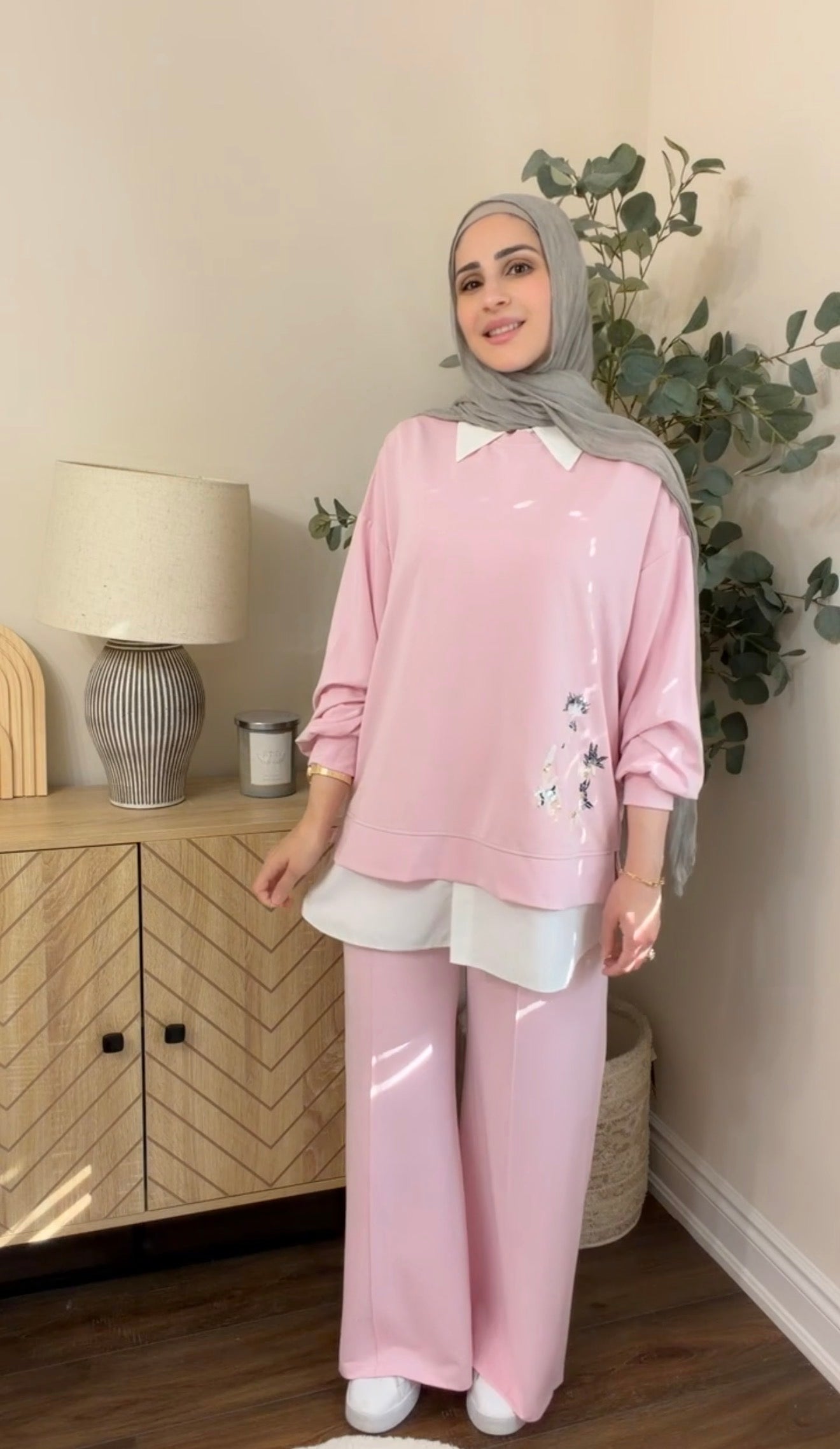 Oysho Soft 3-Piece Embroidered Modest Set - Pink