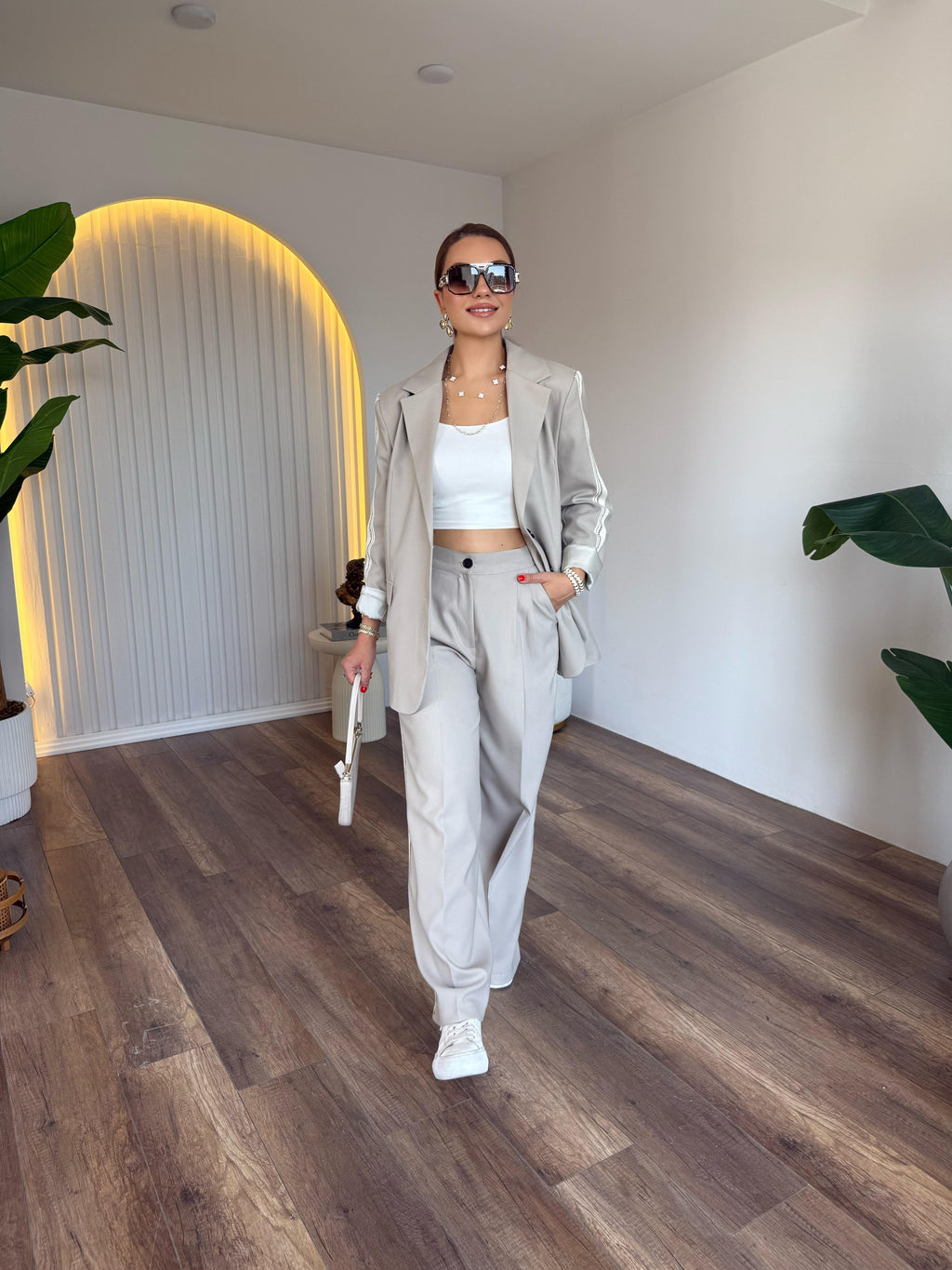 2 -PIECE BEIGE STRIP DETAILED JACKET SET