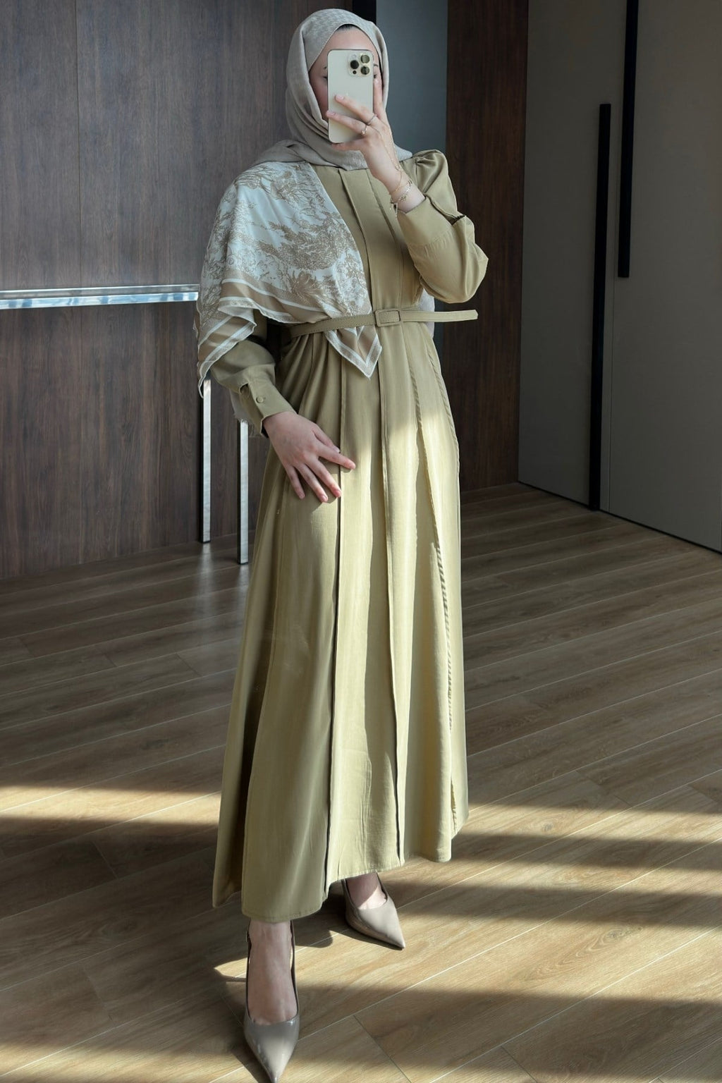 The Husna Embossed Maxi Dress with Scarf / Cumin