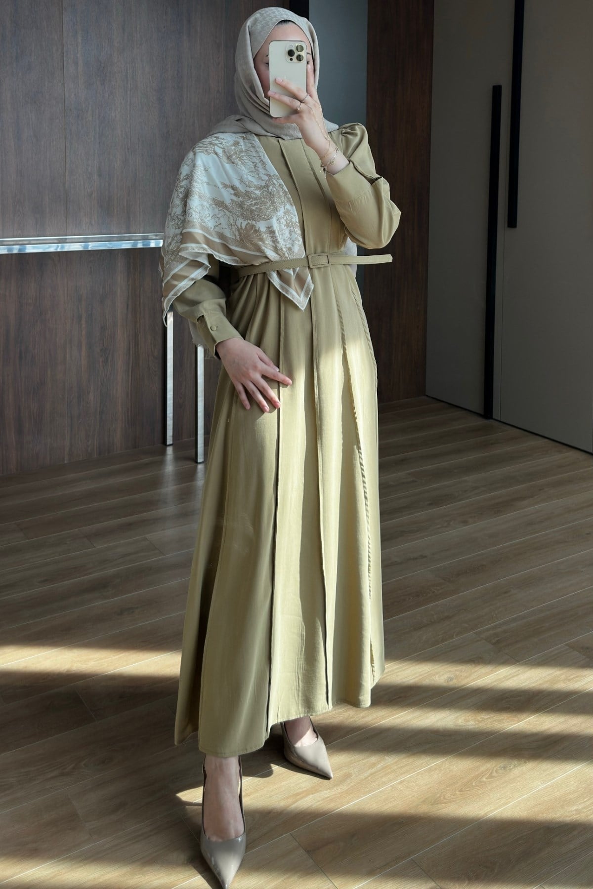 The Husna Embossed Maxi Dress with Scarf / Cumin