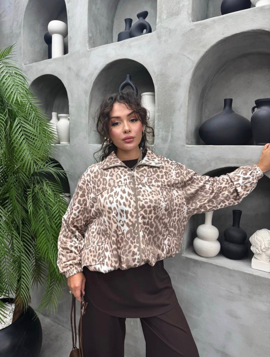 Leopard Accent 3-Piece Modest Lounge Set - Brown