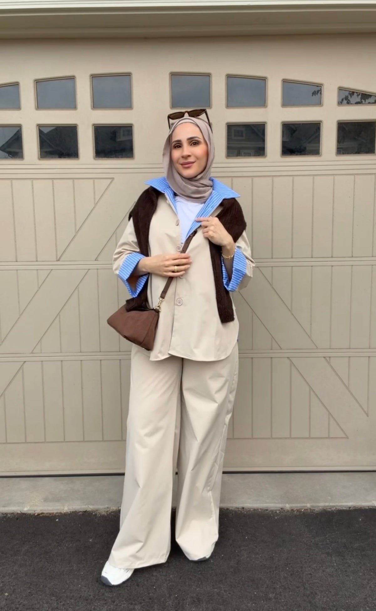 Layered Zip-Back Shirt & Wide-Leg Trousers Set | Beige